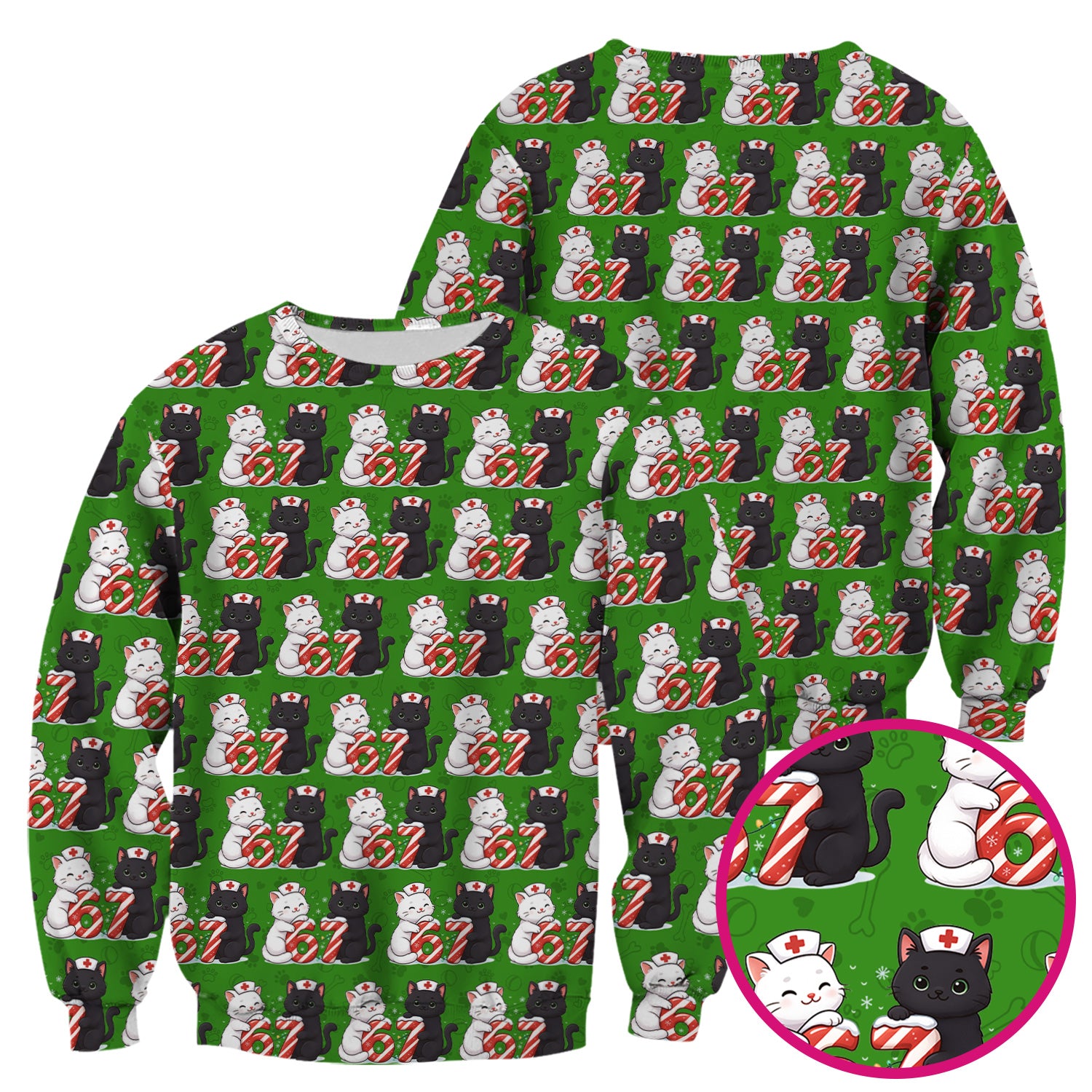 Xmas Cat Pattern Scrub Top, Christmas Nurse Six Seven With Cat Scrub Shirt, Breathable Fabrics Nursing Uniform