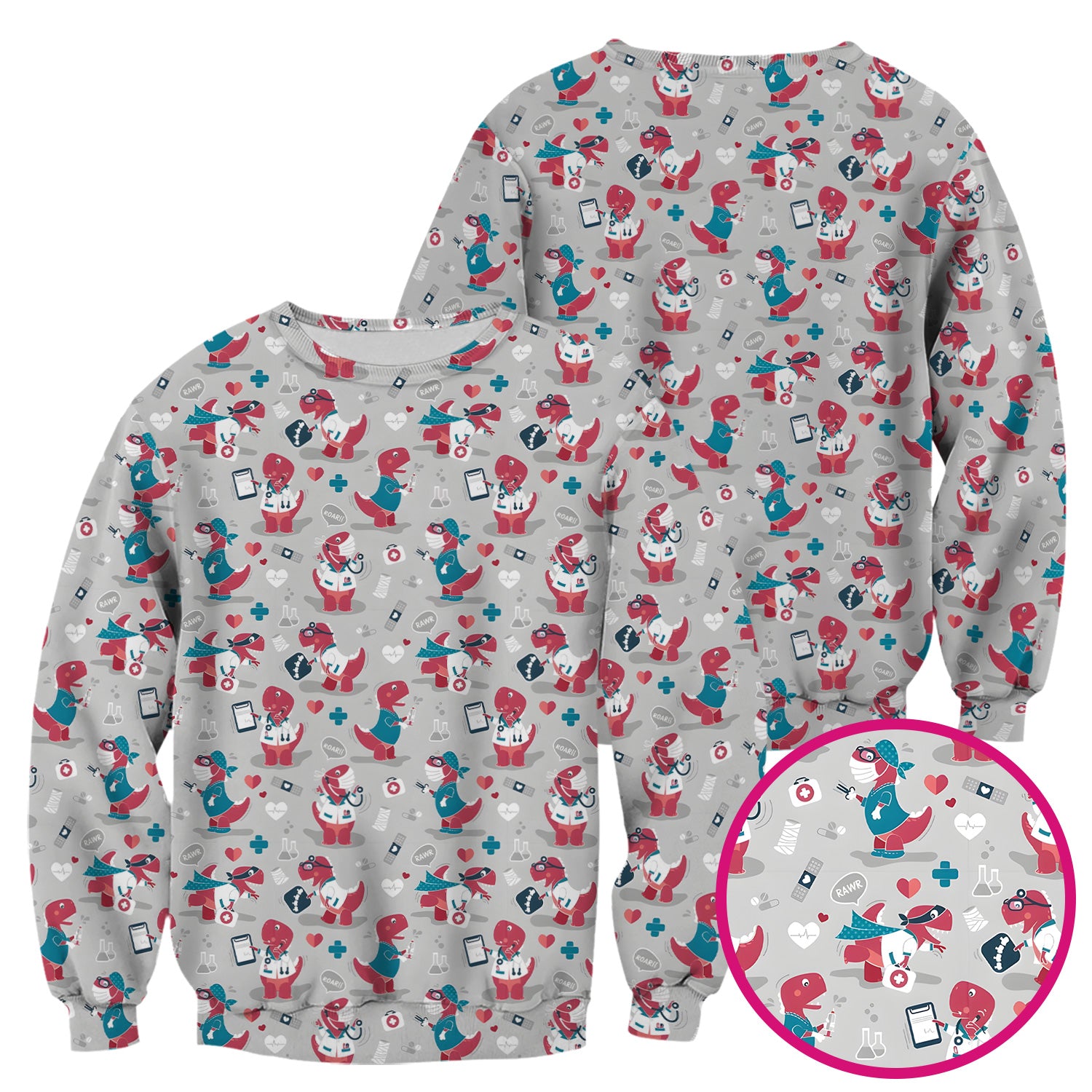 Cute Dinosaur Doctor Medical Pattern Scrub Top, Breathable Fabrics Nursing Uniform
