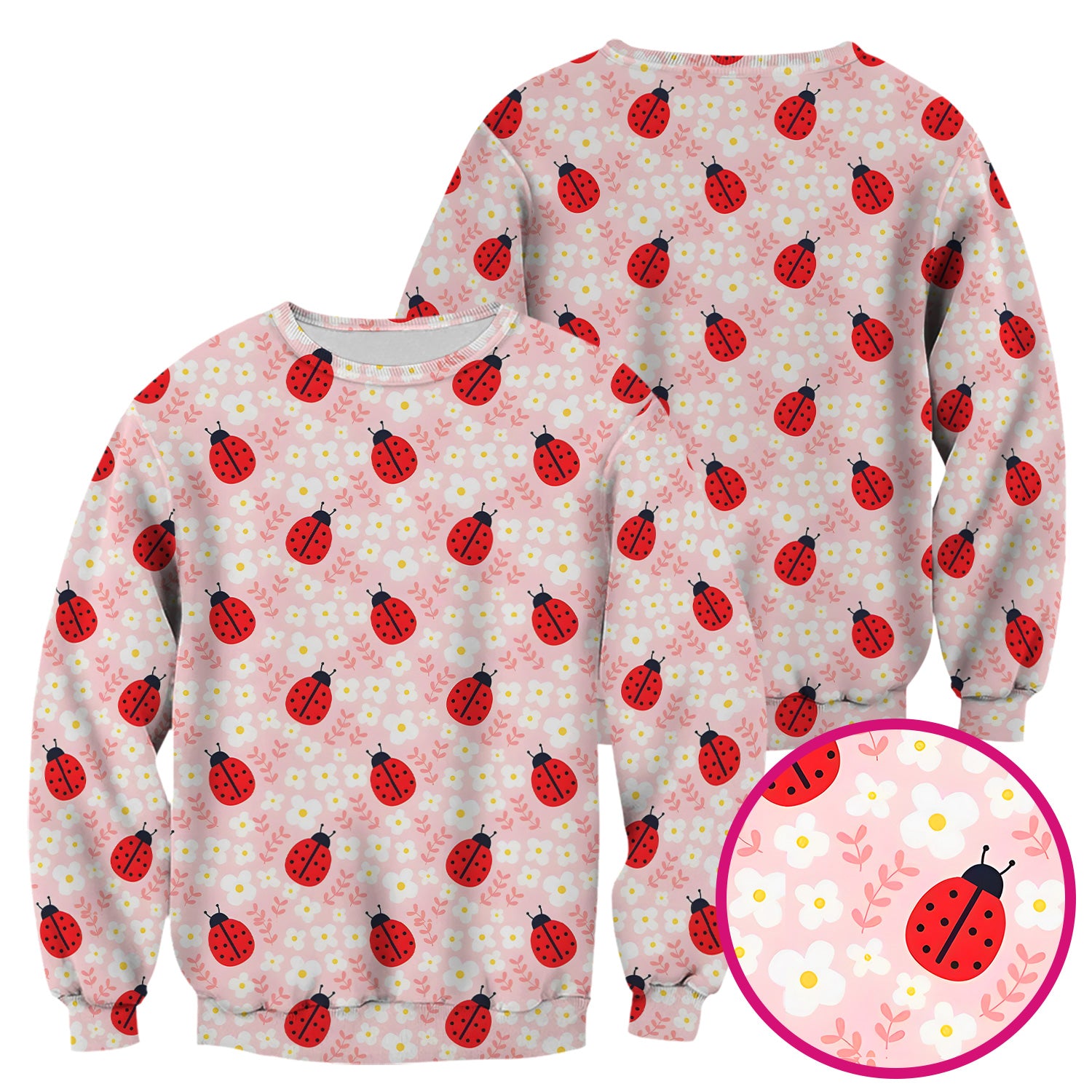 Cute Ladybug Blossom Print Scrub Top, Pastel Garden Medical Scrubs for Women