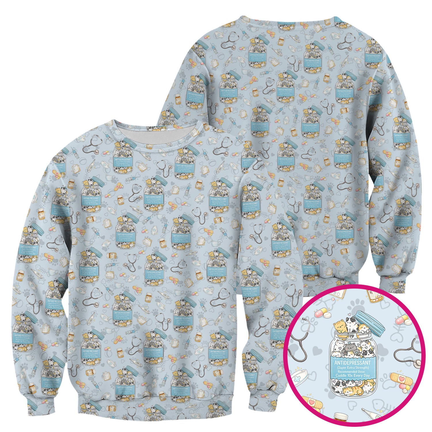 Cute Antidepressant Cat Jar Print Nurse Scrub Top, Breathable Fabrics Nursing Uniform