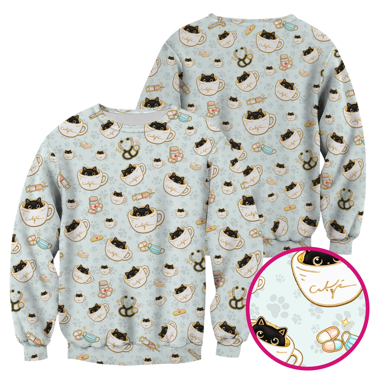 Cute Coffee Cat Medical Print Scrub Top, Breathable Fabrics Nursing Uniform