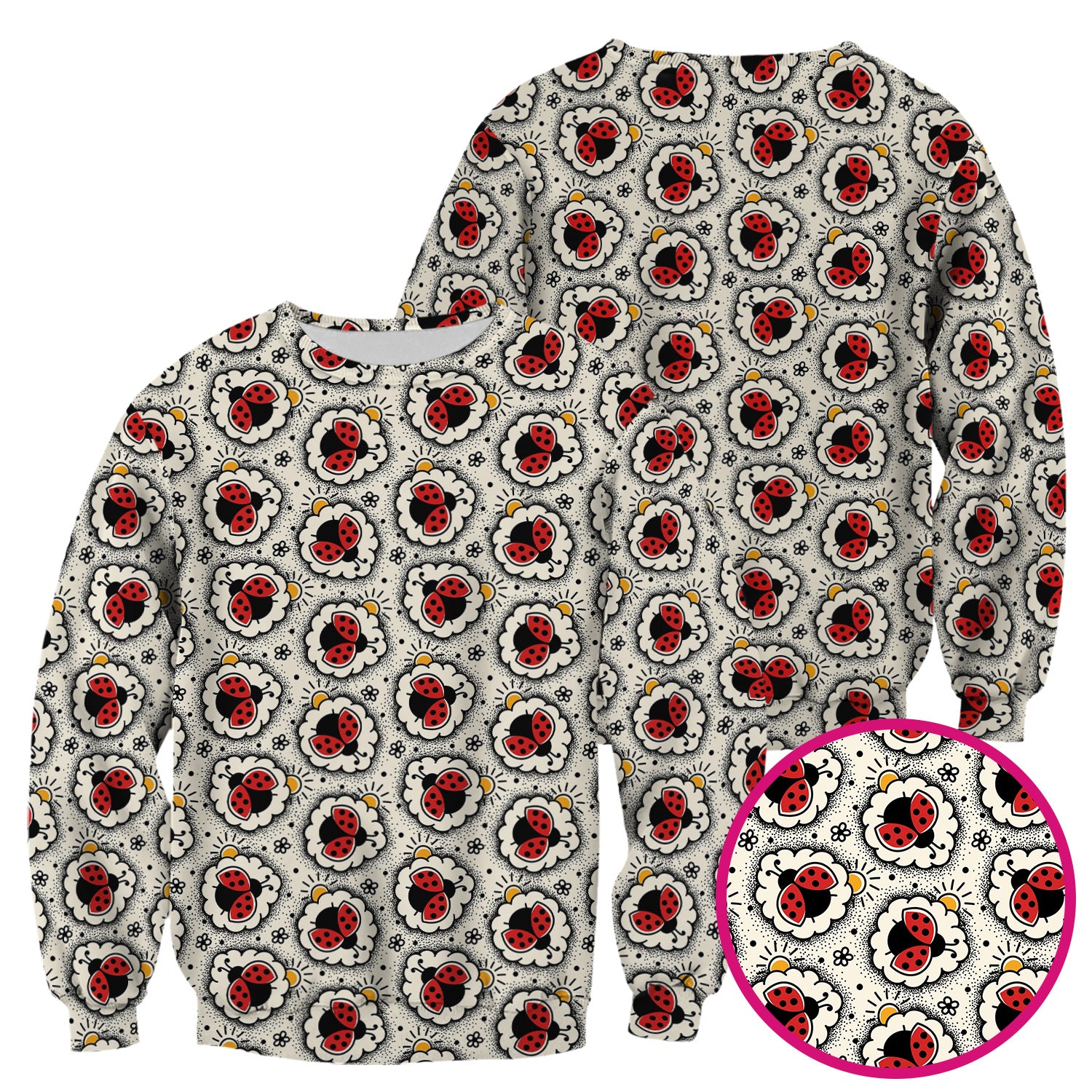 Cute Ladybug in Floral Frame Pattern Scrub Top, Breathable Fabrics Nursing Uniform