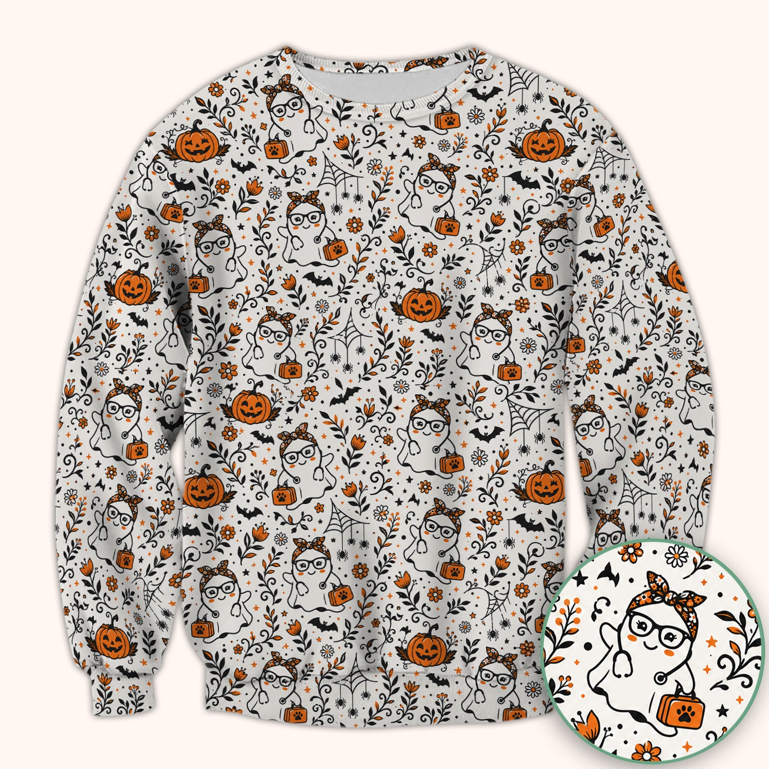 Cute Halloween Nurse Ghost And Pumpkins Scrub Top, Comfortable Scrubs for Nurses