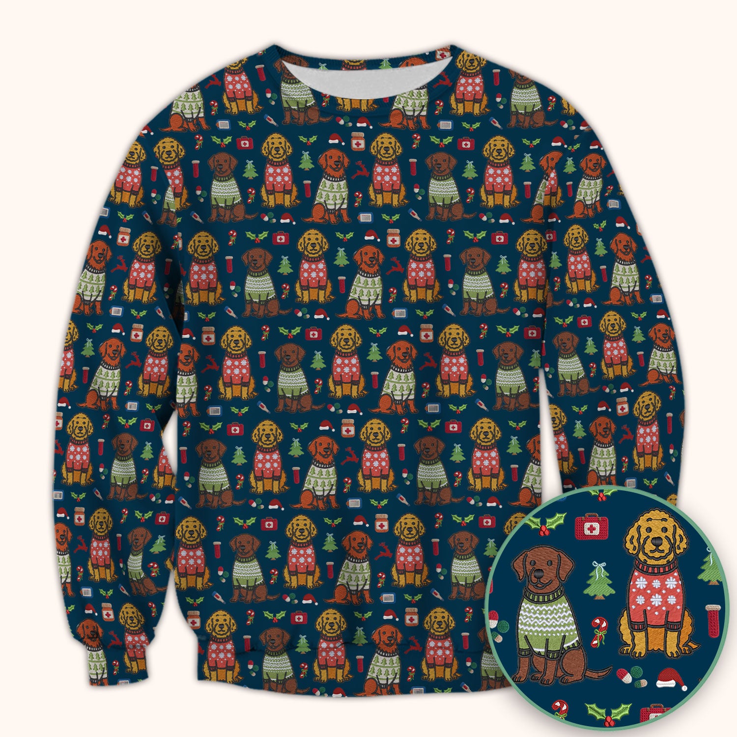 Golden Retriever Christmas Scrub Top, Cute Holiday Dog Nurse Pattern Shirt, Breathable Fabrics Nursing Uniform