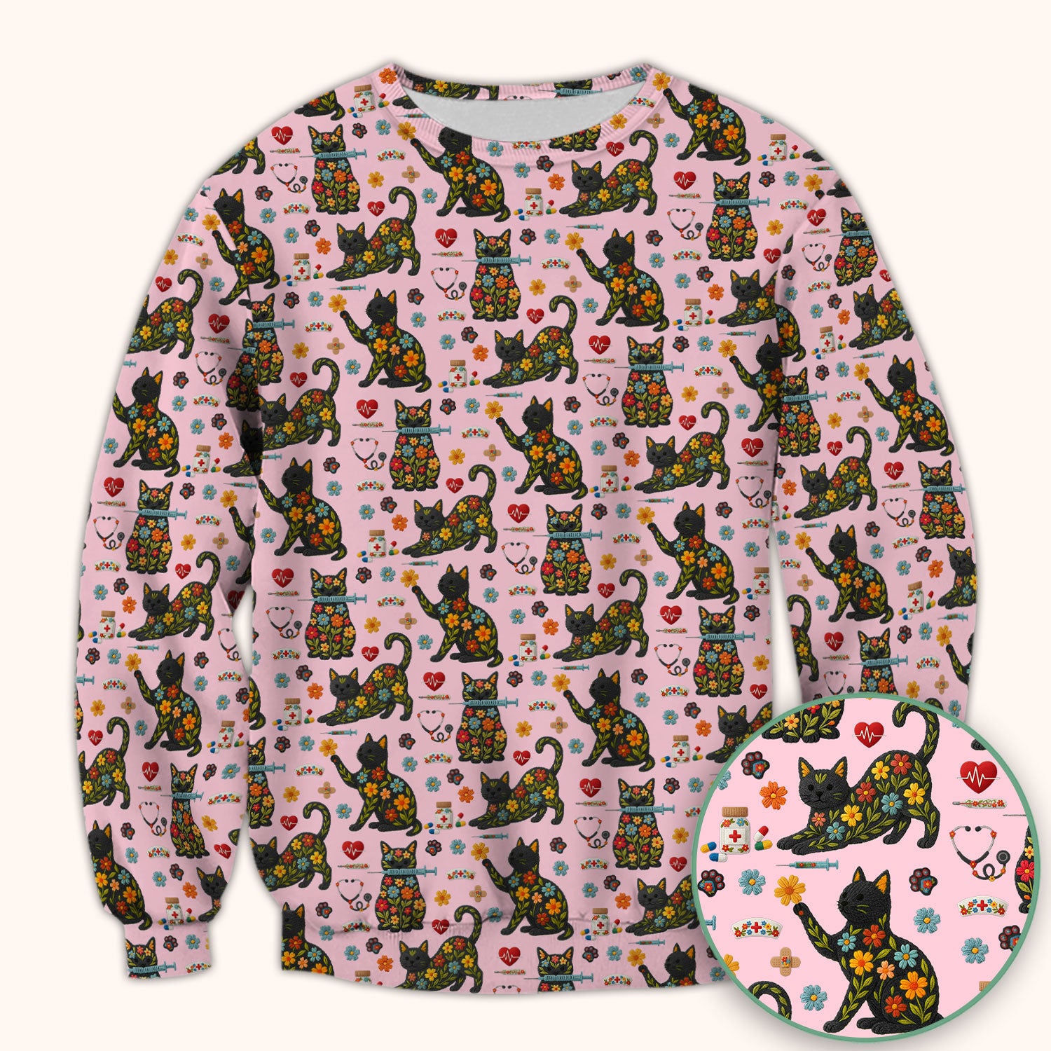 Floral Black Cat Pattern Scrub Top, Cute Cat Nurse Scrub Shirt, Medical Nursing Uniform