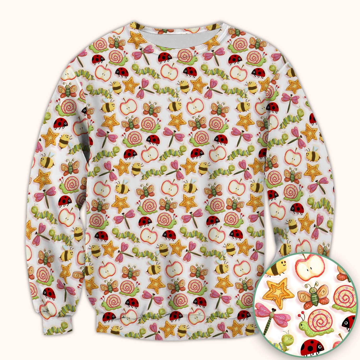 Cute Nurse Snail Ladybug Caterpillar Apple Garden Pattern Scrub Top, Breathable Fabrics Nursing Uniform