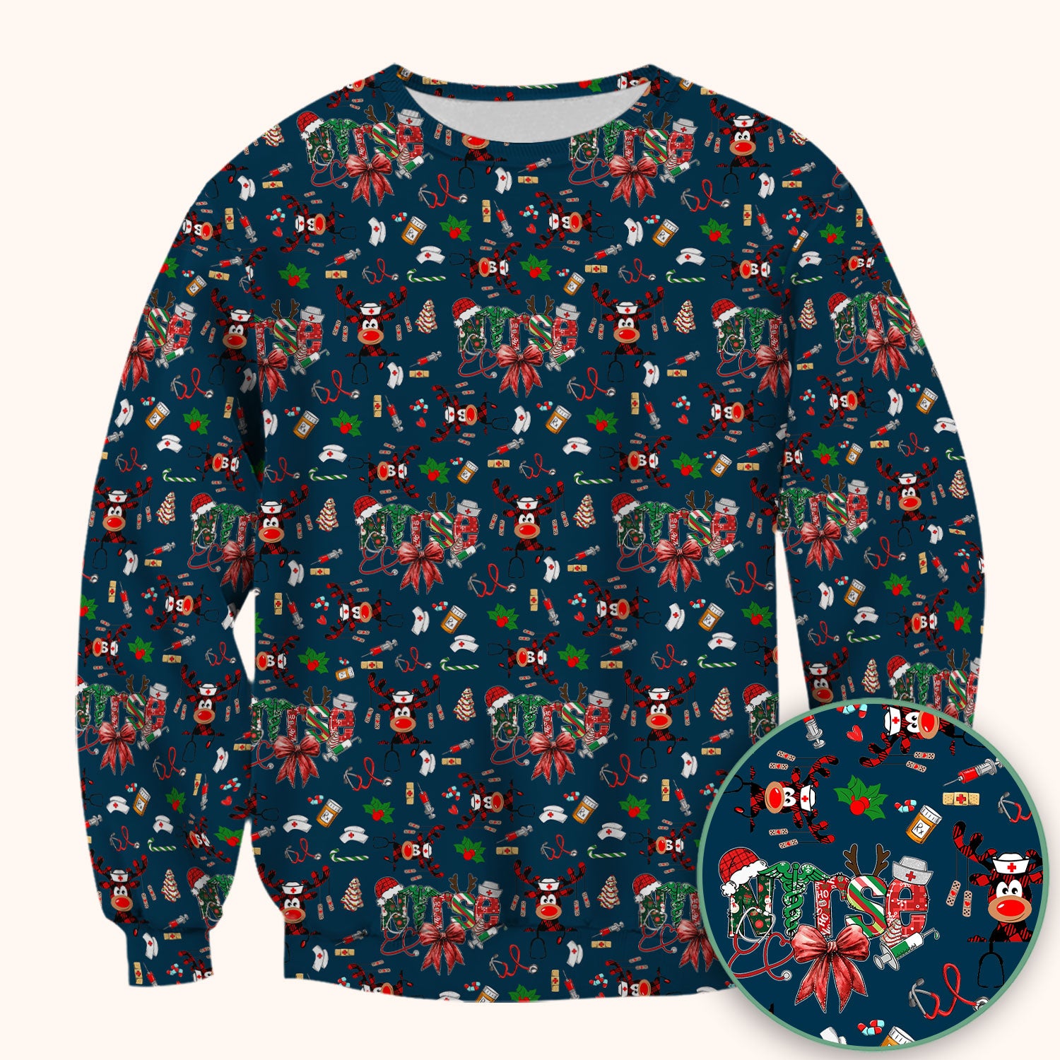 Whimsical Reindeer Christmas Scrub Top – Festive Holiday Reindeer Pattern – Cute Medical Uniform for Nurses, Vets and Healthcare Workers