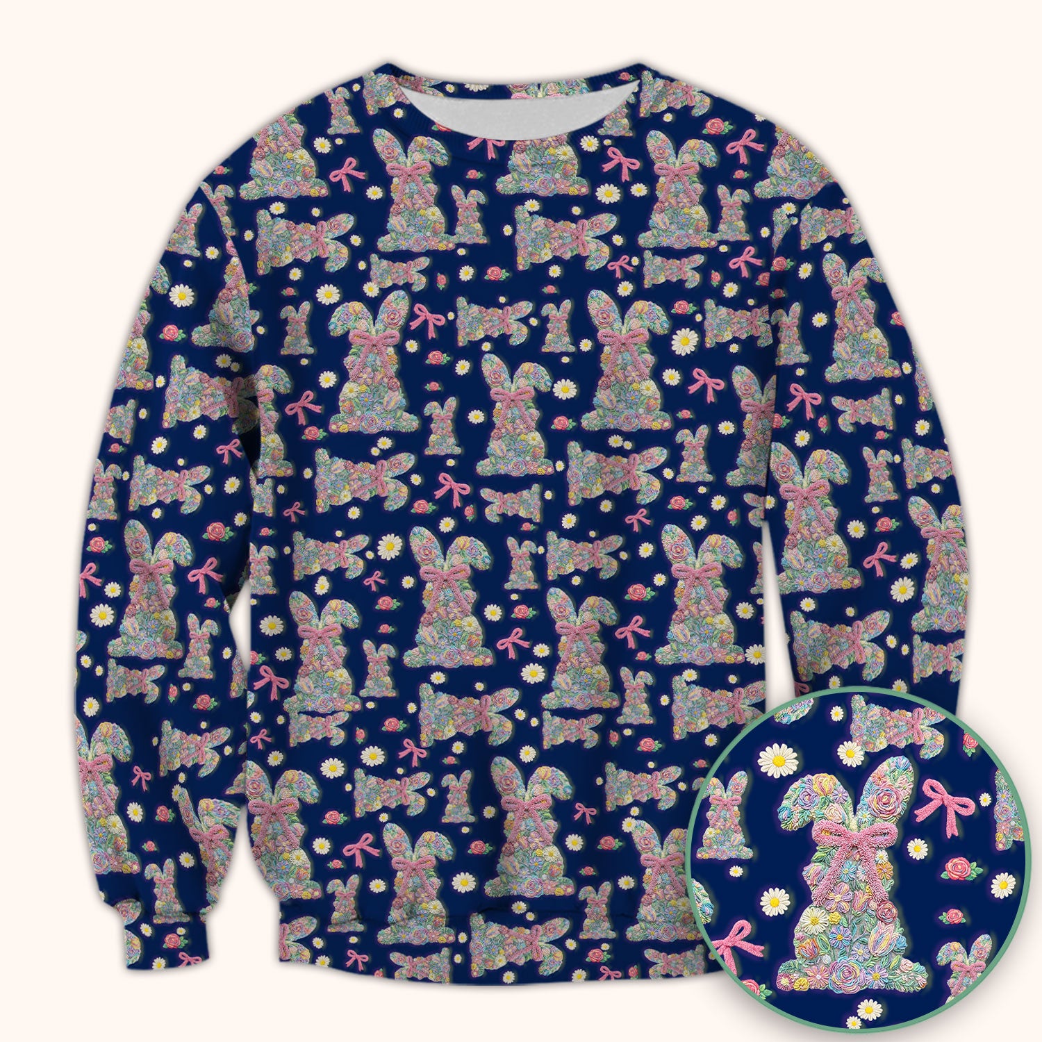 Colorful Floral Bunny with Pink Bow Pattern Scrub Top, Breathable Fabrics Nursing Uniform, Easter