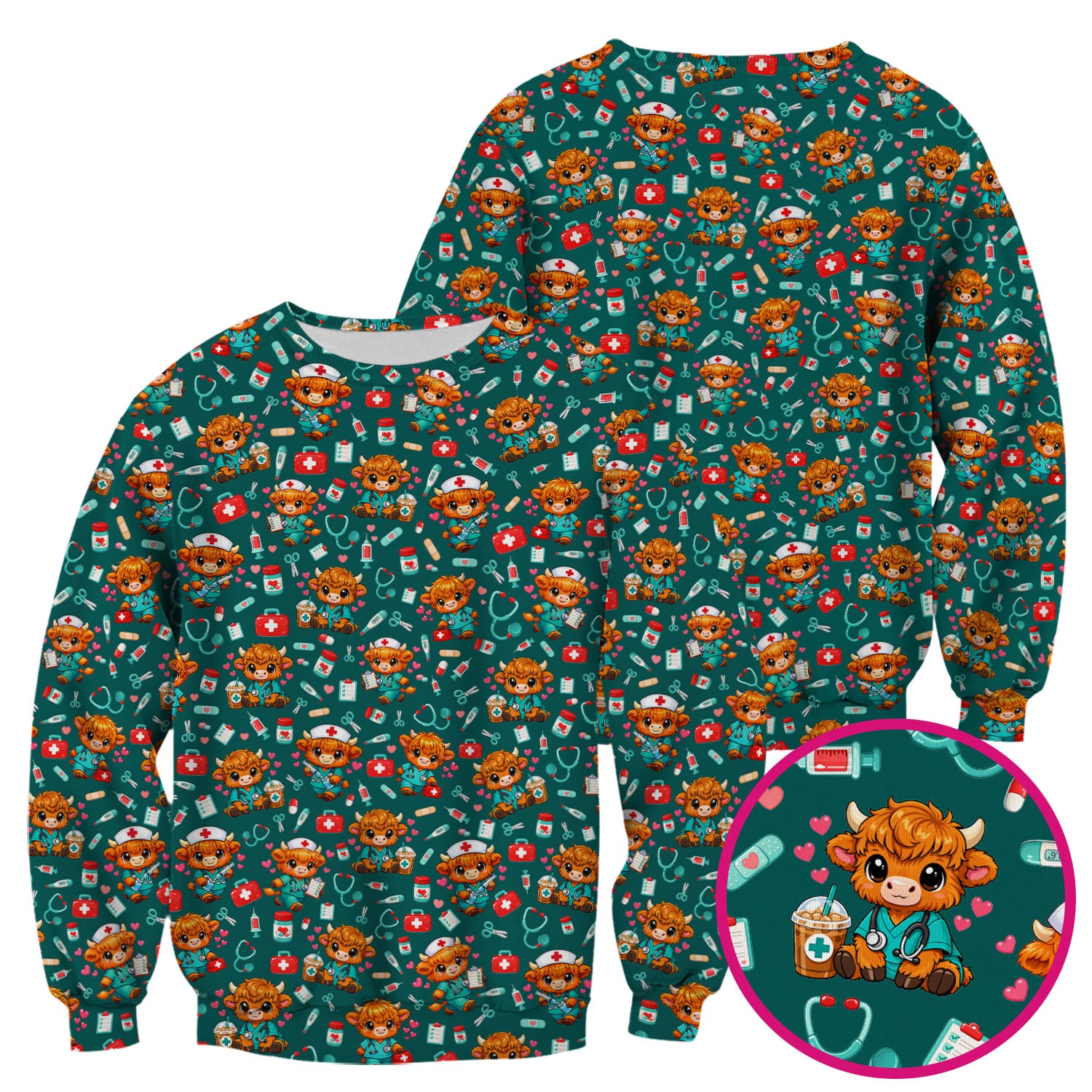 Cute Highland Cow Nurse Scrub Top, Kawaii Medical Pattern Shirt, Breathable Fabrics Nursing Uniform