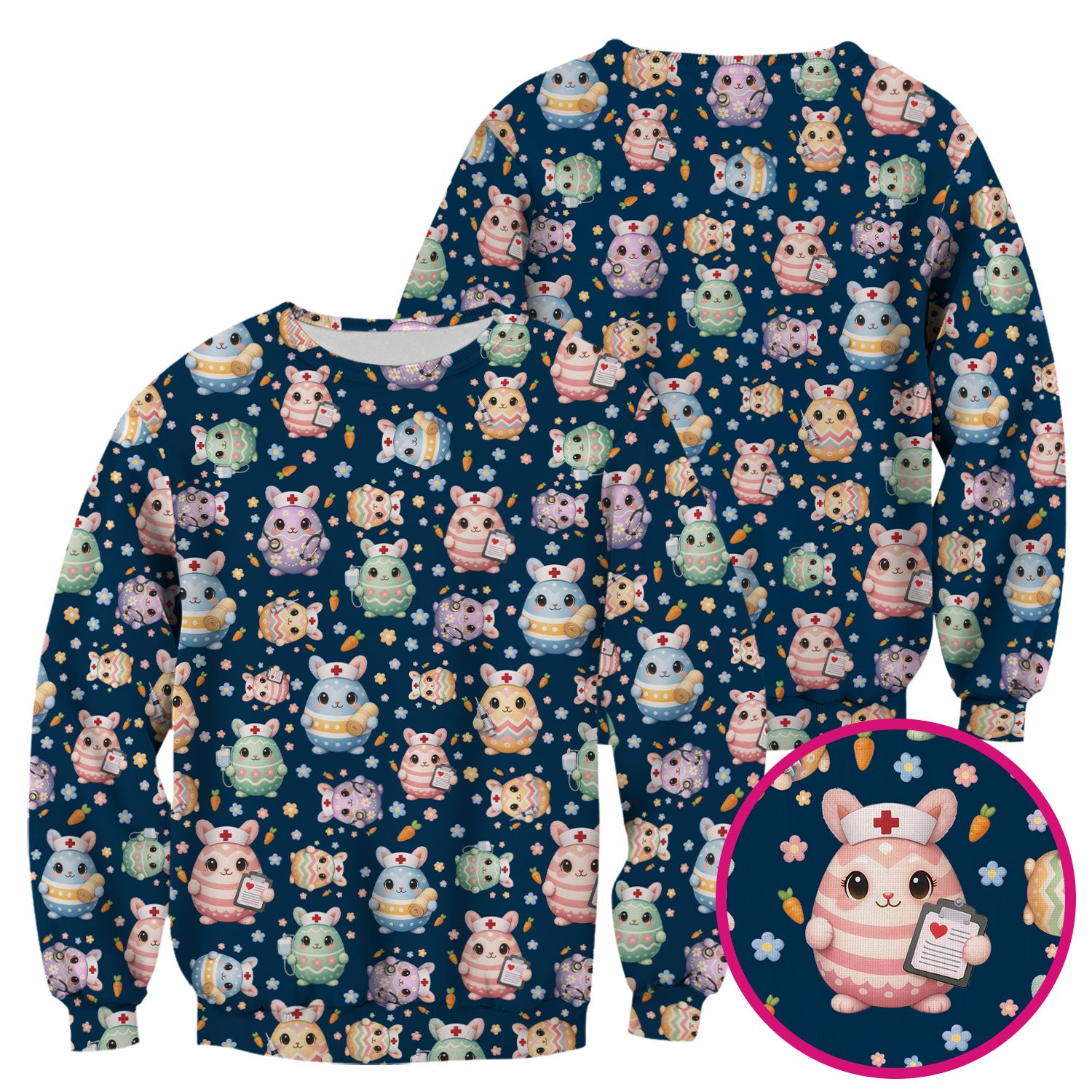 Cute Nurse Bunny Pastel Floral Print Scrubs, Breathable Fabrics Nursing Uniform, Easter