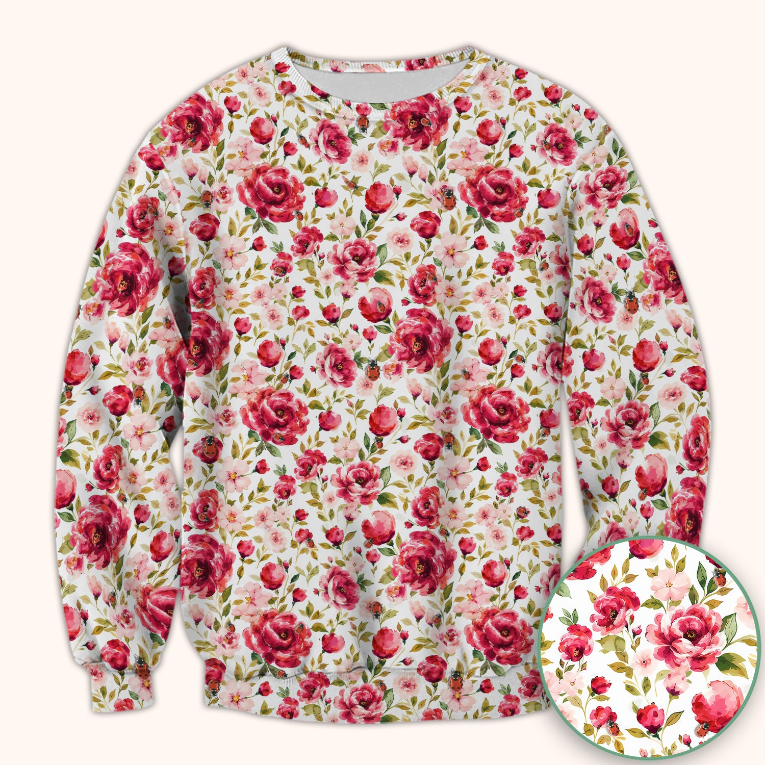 Pink Rose Ladybug Garden Pattern Scrub Top, Comfortable Scrubs for Nurses