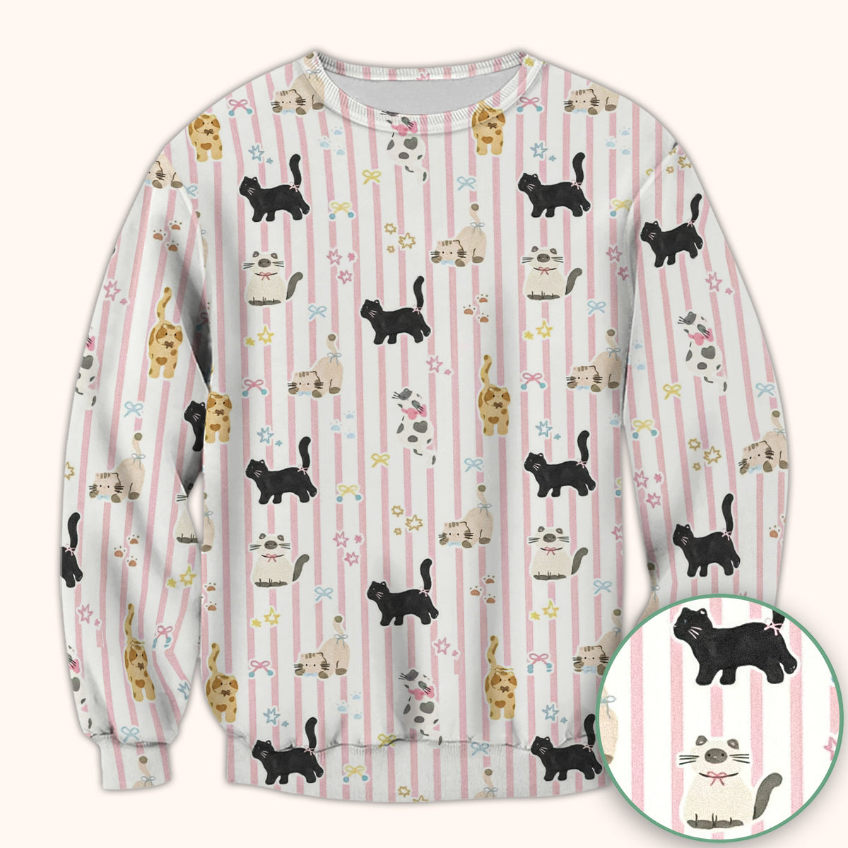 Cute Playful Cat Stripe Ribbon Pattern Scrub Top, Breathable Fabrics Nursing Uniform