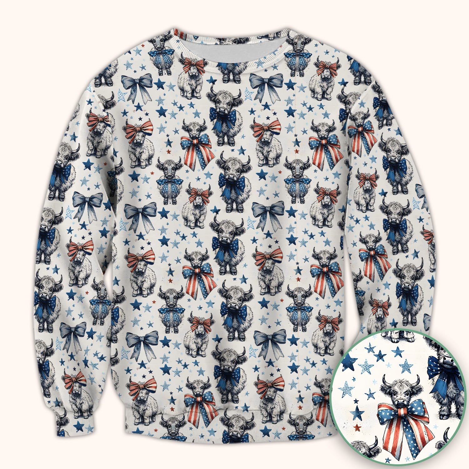 Patriotic Highland Cow Stars Pattern Scrub Top, Comfortable Scrubs for Nurses