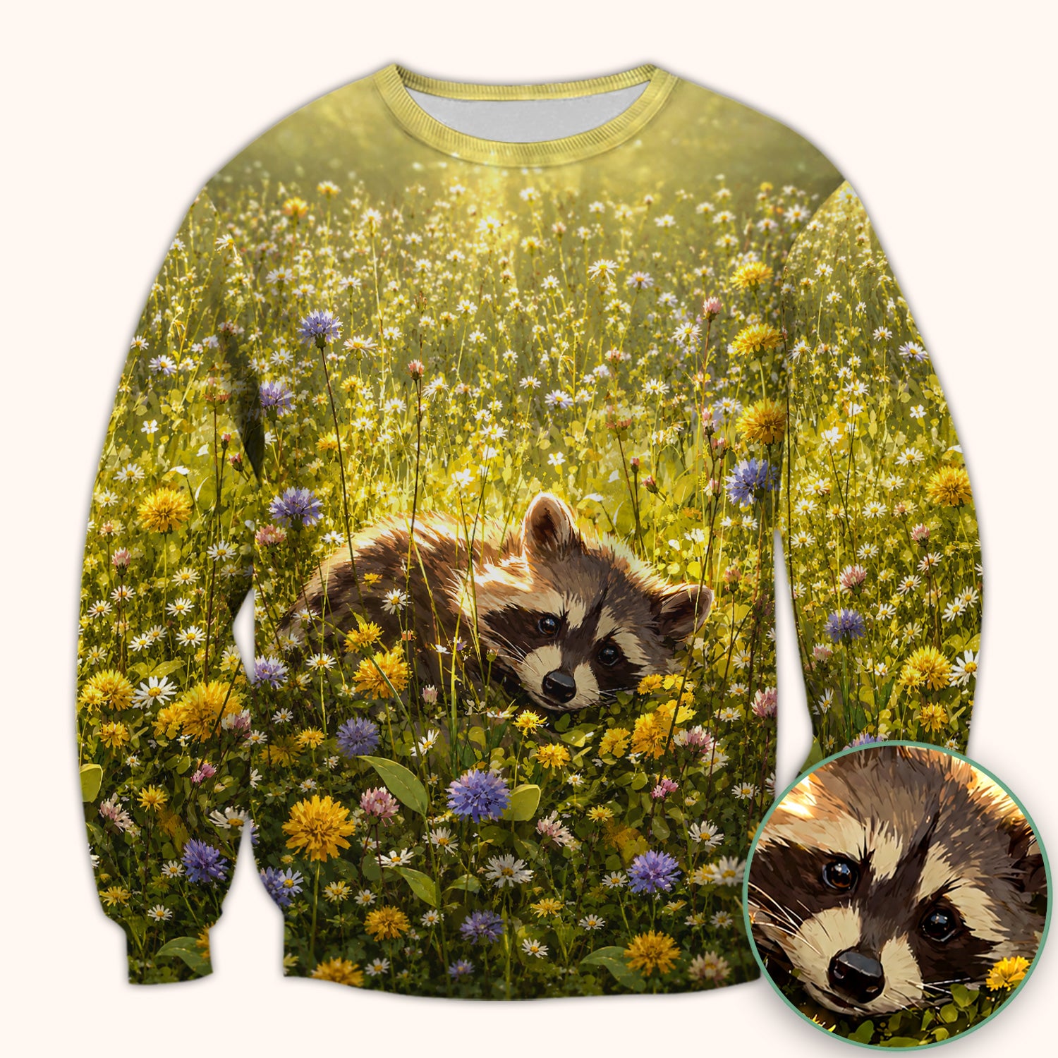 Meadow Raccoon Wildflower Garden Pattern Scrub Top, Comfortable Scrubs for Nurses