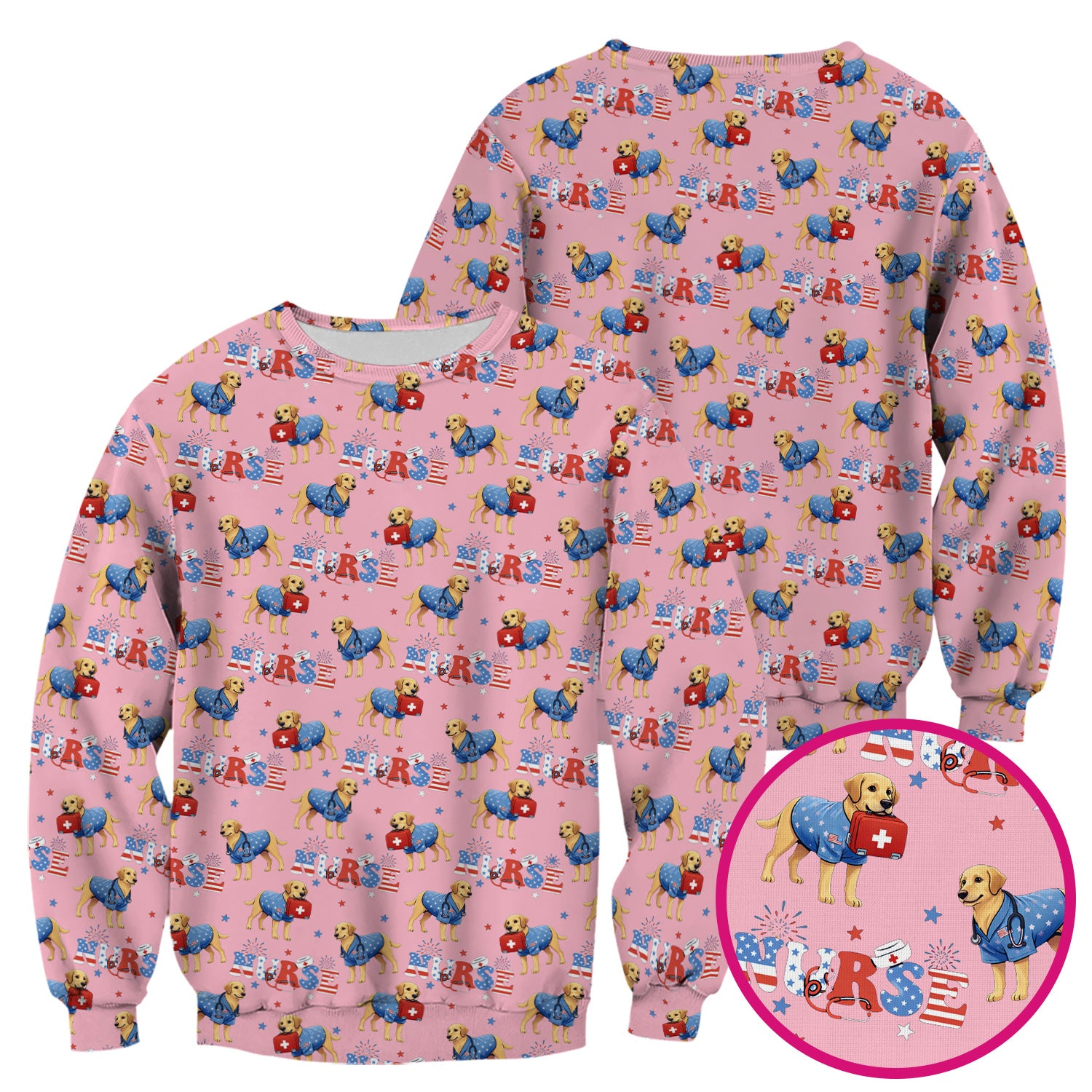Patriotic Nurse Dog Medical Pattern Scrub Top, Breathable Fabrics Nursing Uniform