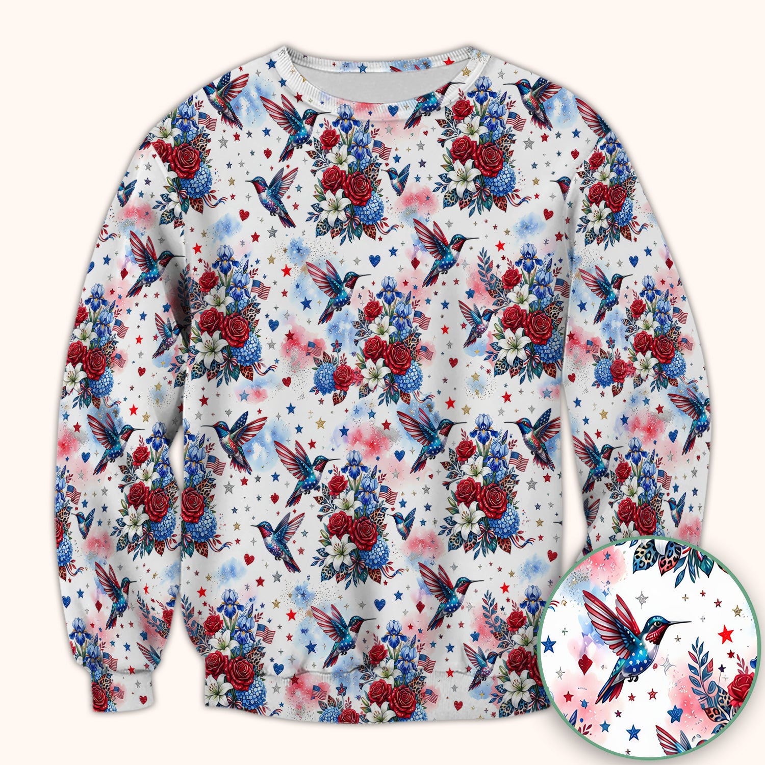Patriotic Hummingbird Floral Bouquet Pattern Scrub Top, Comfortable Scrubs for Nurses