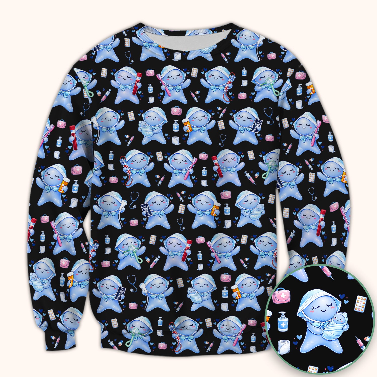 Cute Tooth Character Dental Tools Caring Pattern Scrub Top, Breathable Fabrics Nursing Uniform