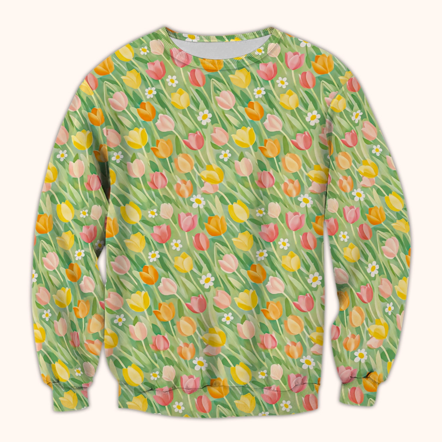 Cheerful Tulip Meadow Print Scrub Top, Breathable Fabrics Nursing Uniform
