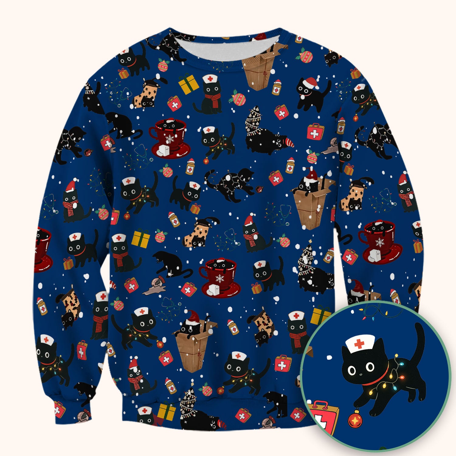 Funny Cat Scrub for Women - Christmas Black Cats Comfortable Scrubs for Nurses - Breathable Fabrics Nursing Uniform