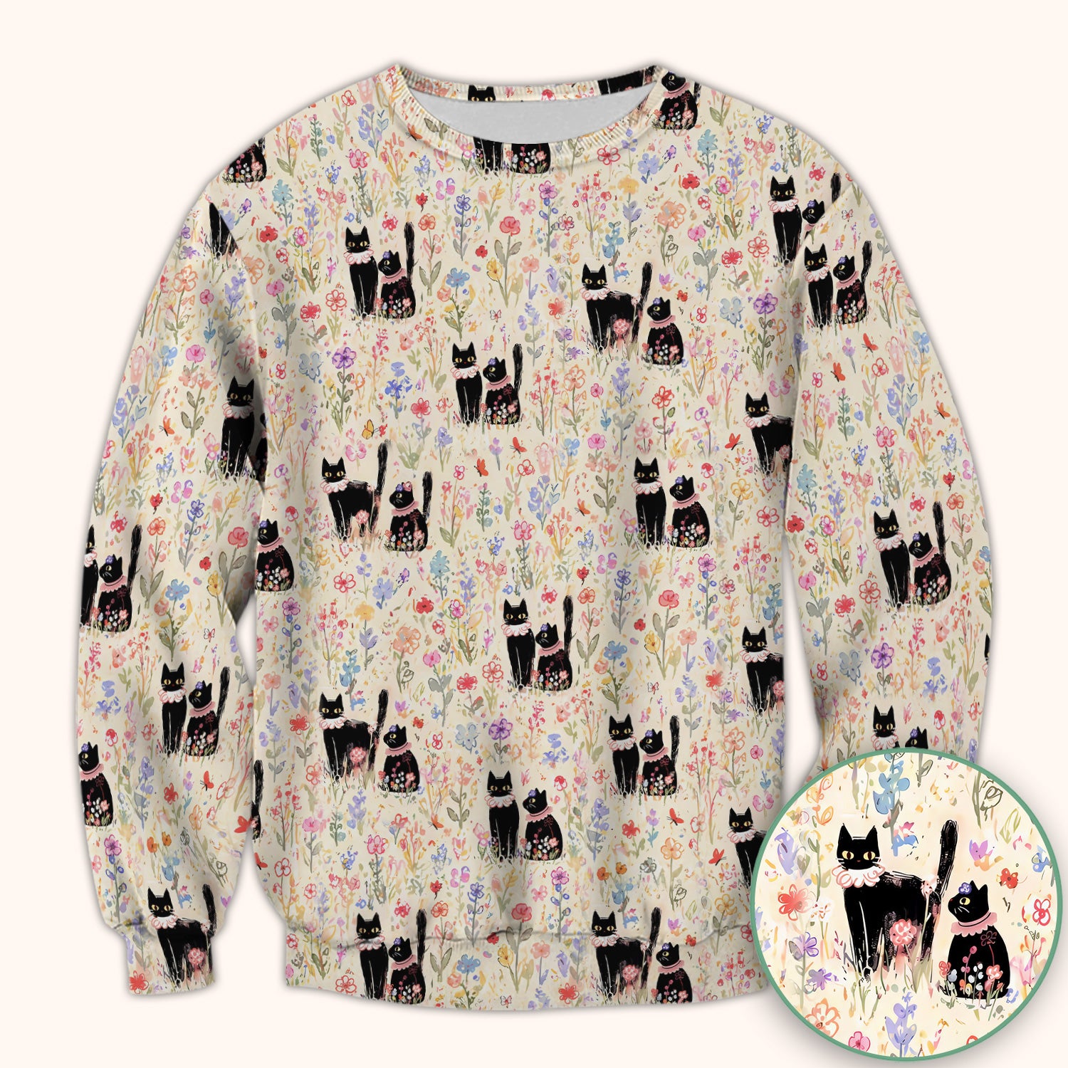 Cute Black Cats Wildflower Garden Pattern Scrub Top, Comfortable Scrubs for Nurses