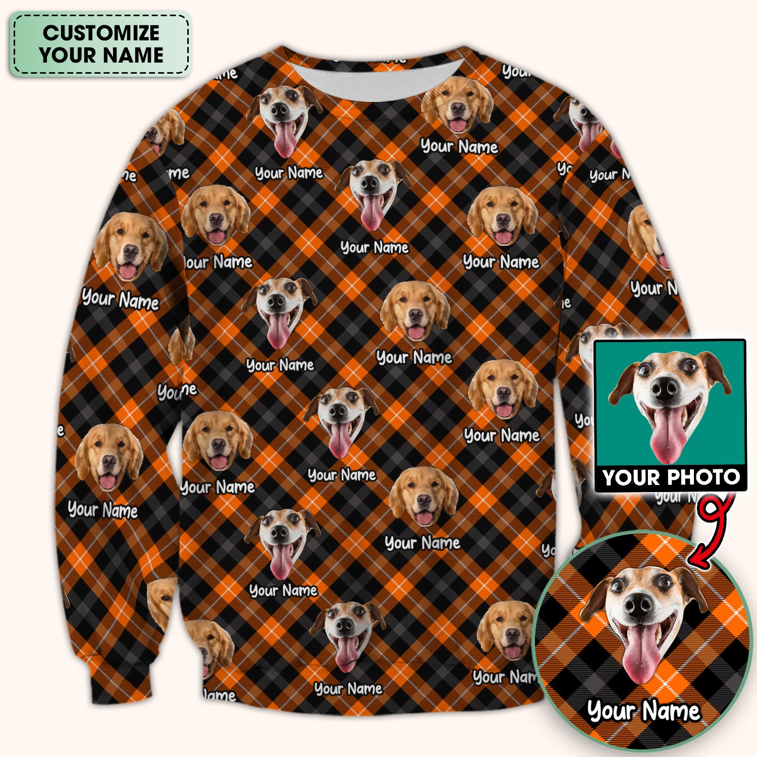 Personalized Halloween Dog Photo Plaid Scrub Top, Comfortable Scrubs for Nurses
