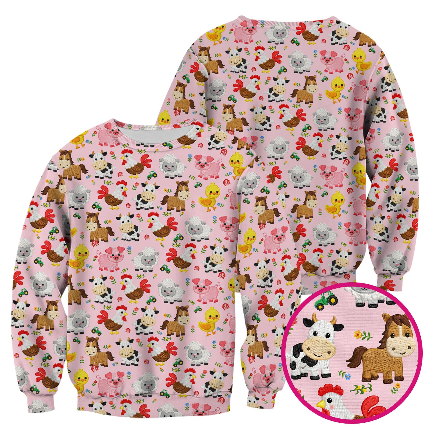 Cartoon Farm Animal Pattern Scrub Top, Breathable Fabrics Nursing Uniform
