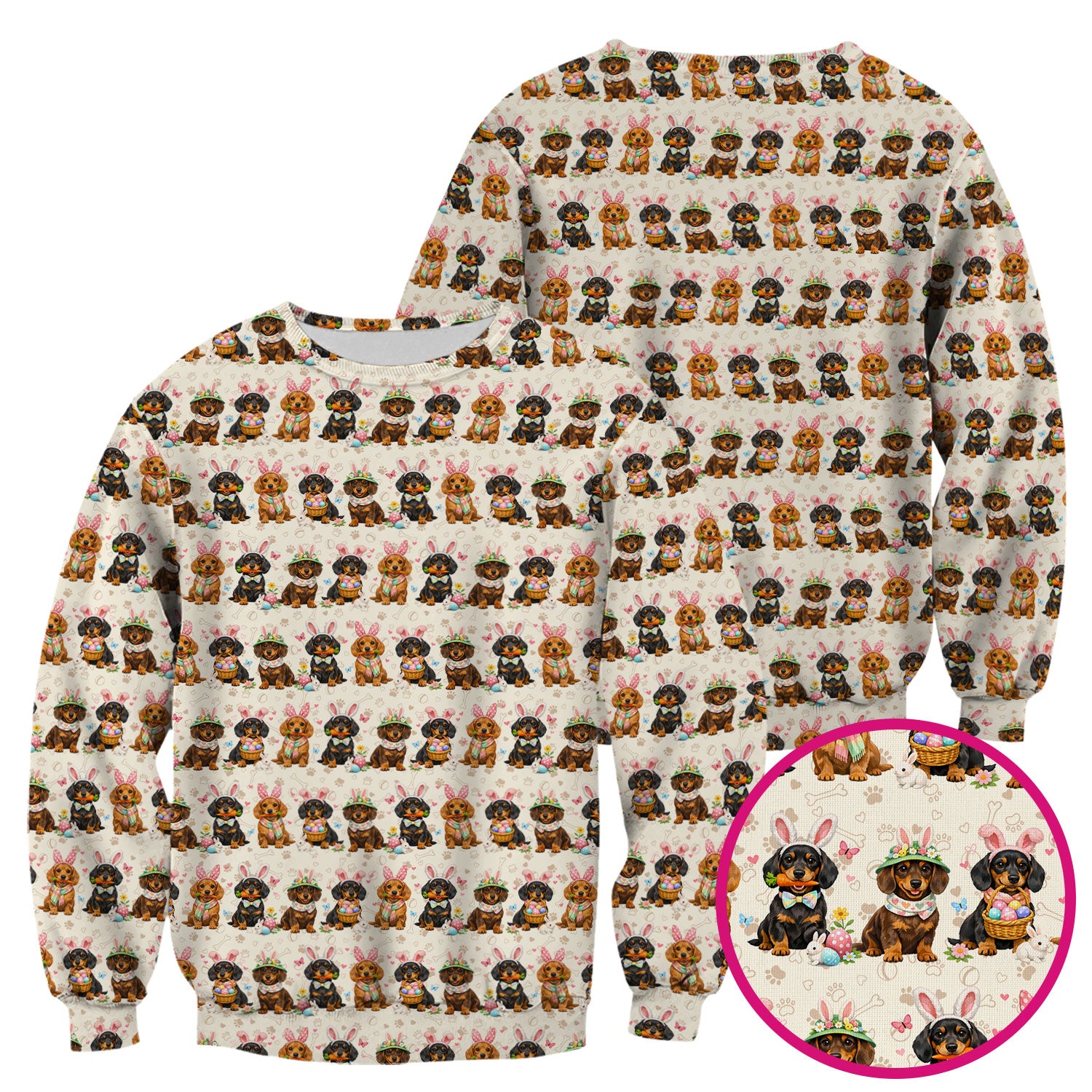 Cute Easter Dachshund Dog Bunny Print Scrub Top, Breathable Fabrics Nursing Uniform