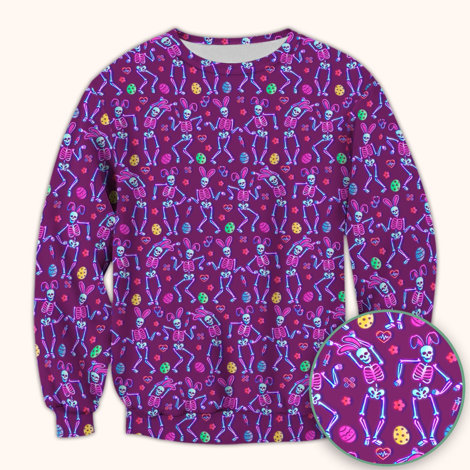 Neon Easter Skeleton Pattern Scrub Top, Comfortable Scrubs for Nurses