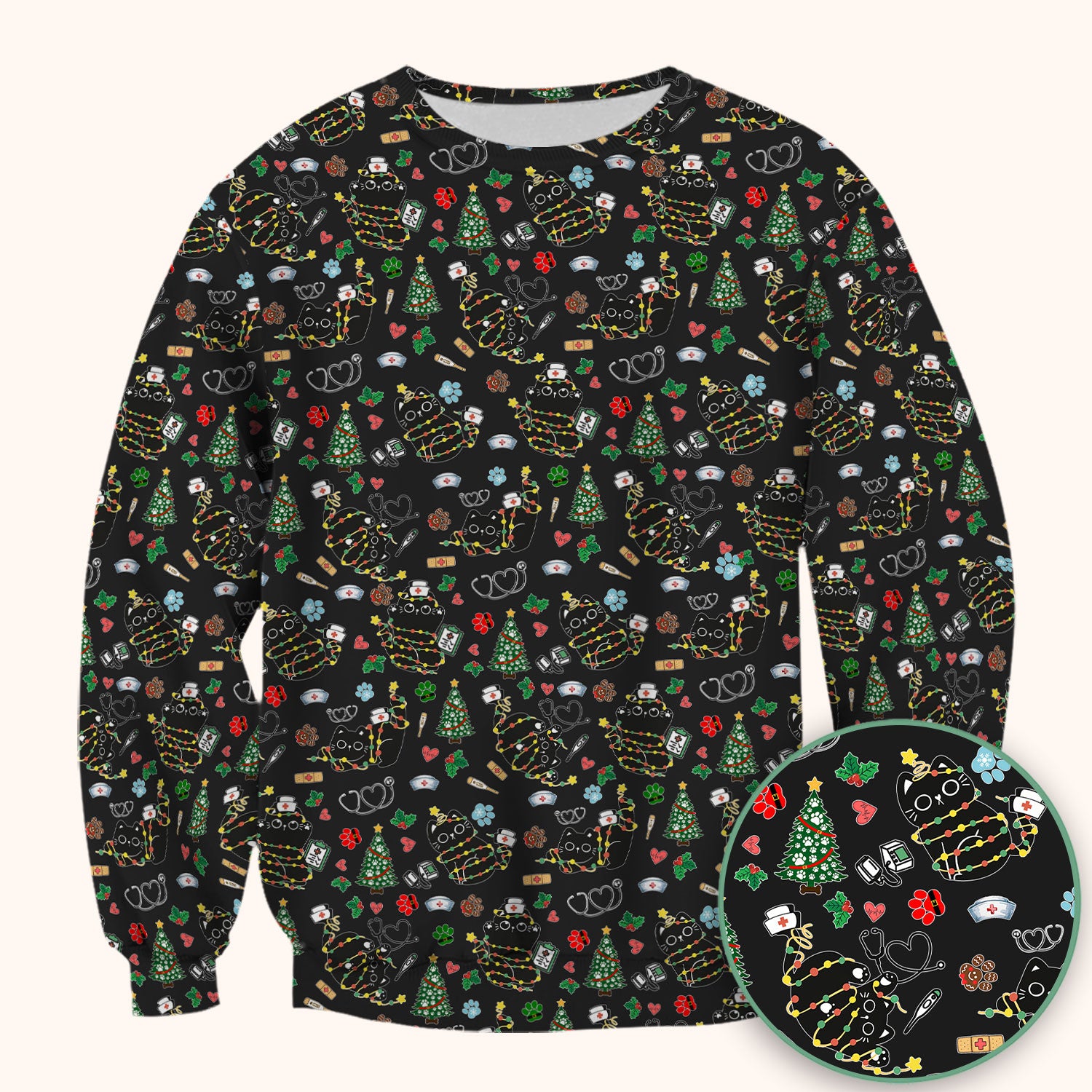 Funny Black Cat Christmas Scrub Top – Cute Holiday Kitty Pattern – Festive Medical Uniform for Nurses, Vets, and Cat Lovers