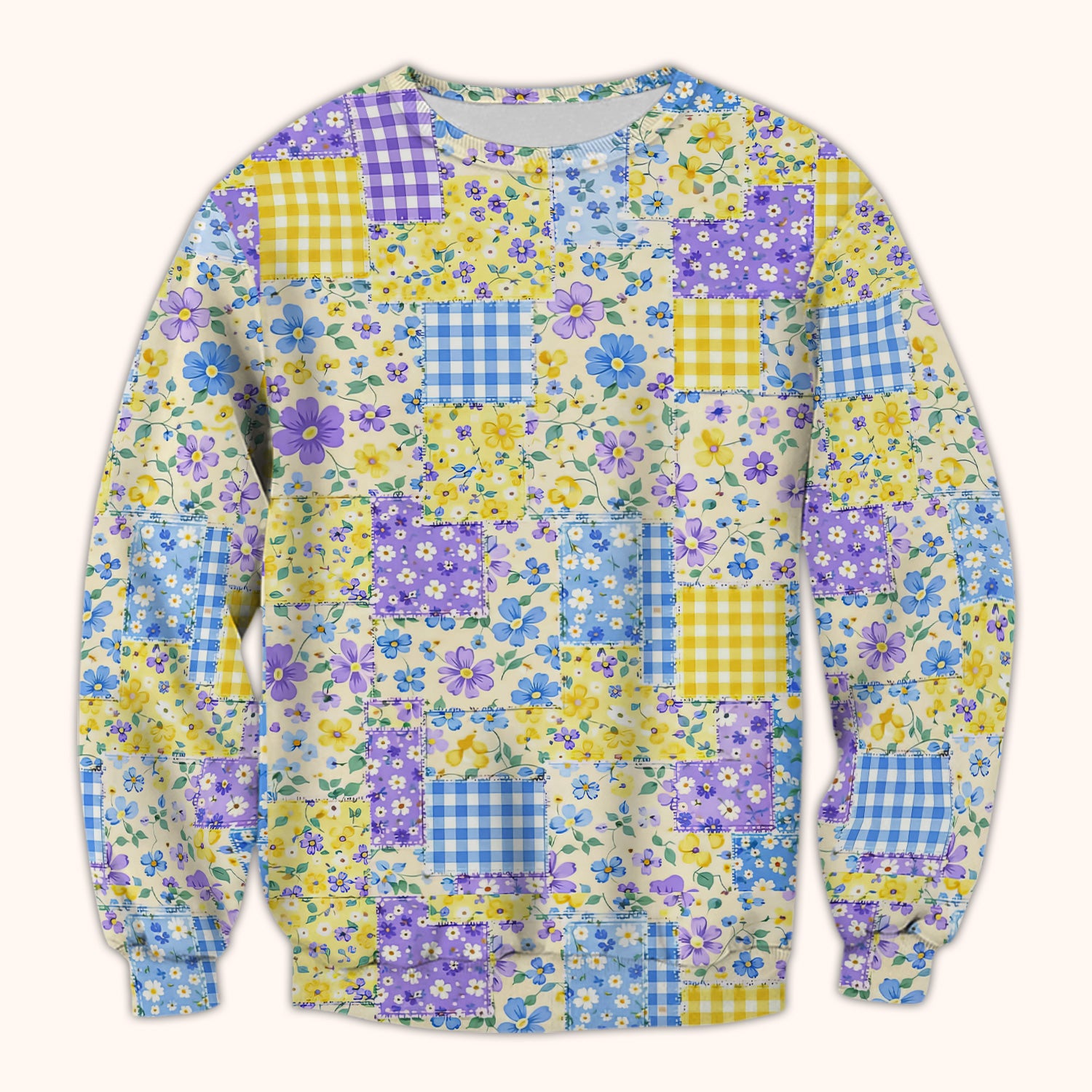 Cute Floral Patchwork Gingham Pattern Scrub Top, Breathable Fabrics Nursing Uniform