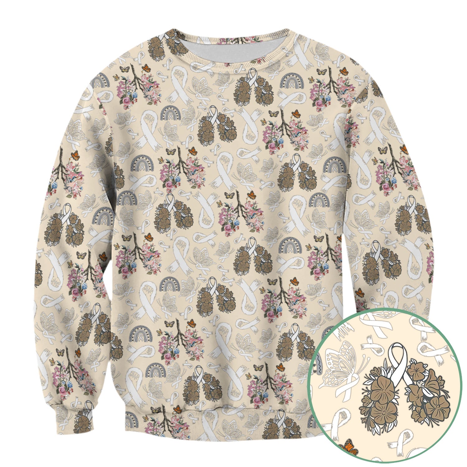 Lung Cancer Awareness Scrub Top for Women - White Ribbon Butterfly Floral Medical Uniform - Comfortable Scrubs for Nurses