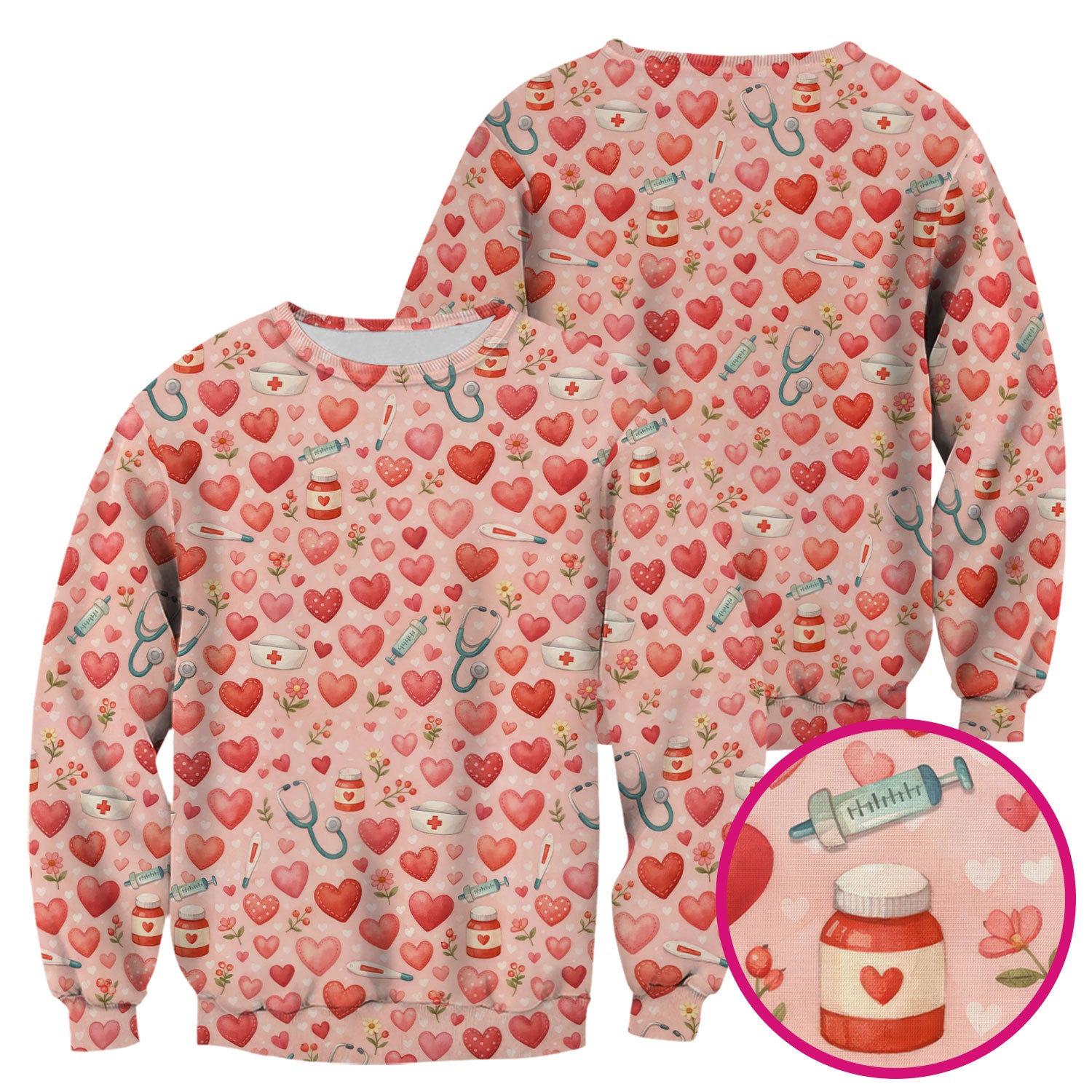 Cute Medical Heart Pattern Scrub Top, Valentine Nurse Scrub Shirt, Breathable Fabrics Nursing Uniform