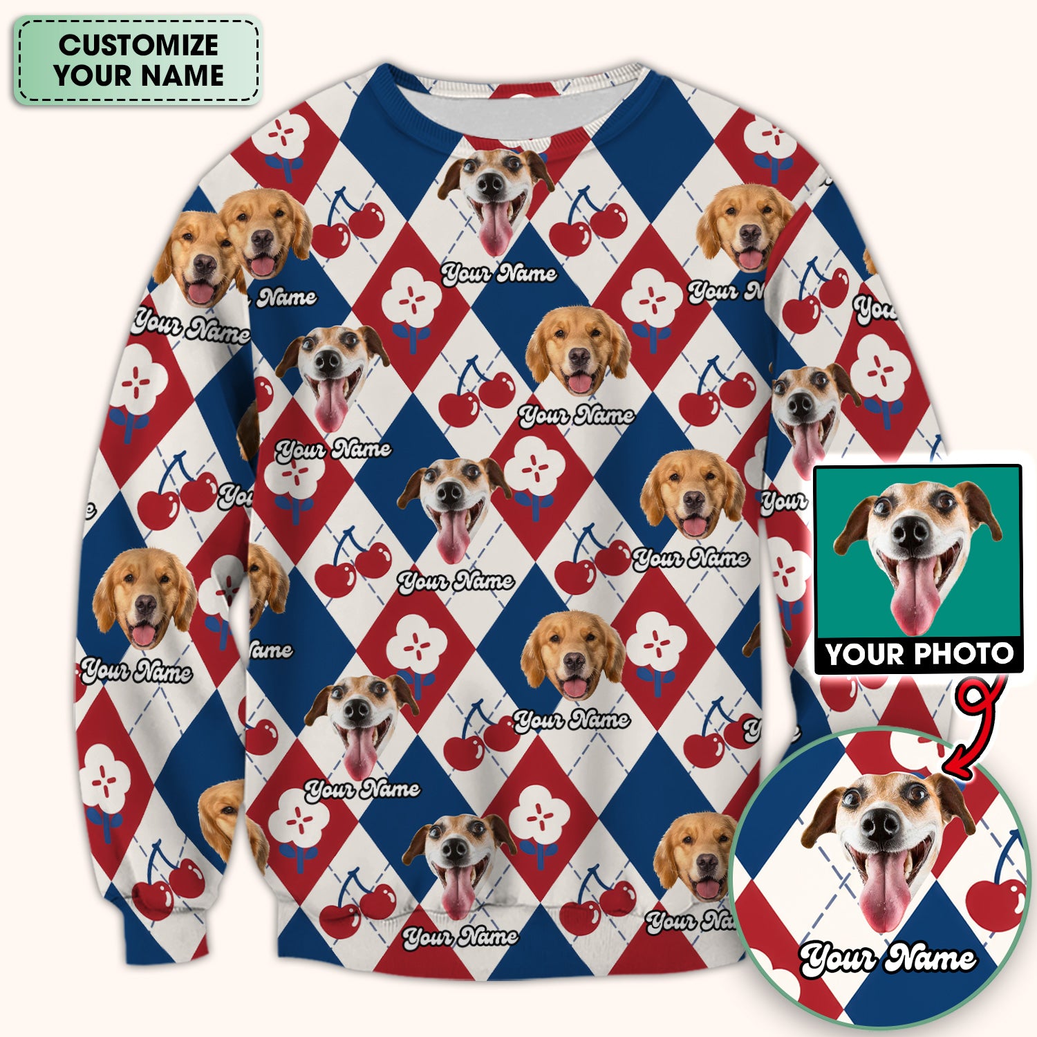 Custom Dog Face Scrub Top, Playful Dog Cherry Argyle Pattern Shirt, Comfortable Scrubs for Nurses