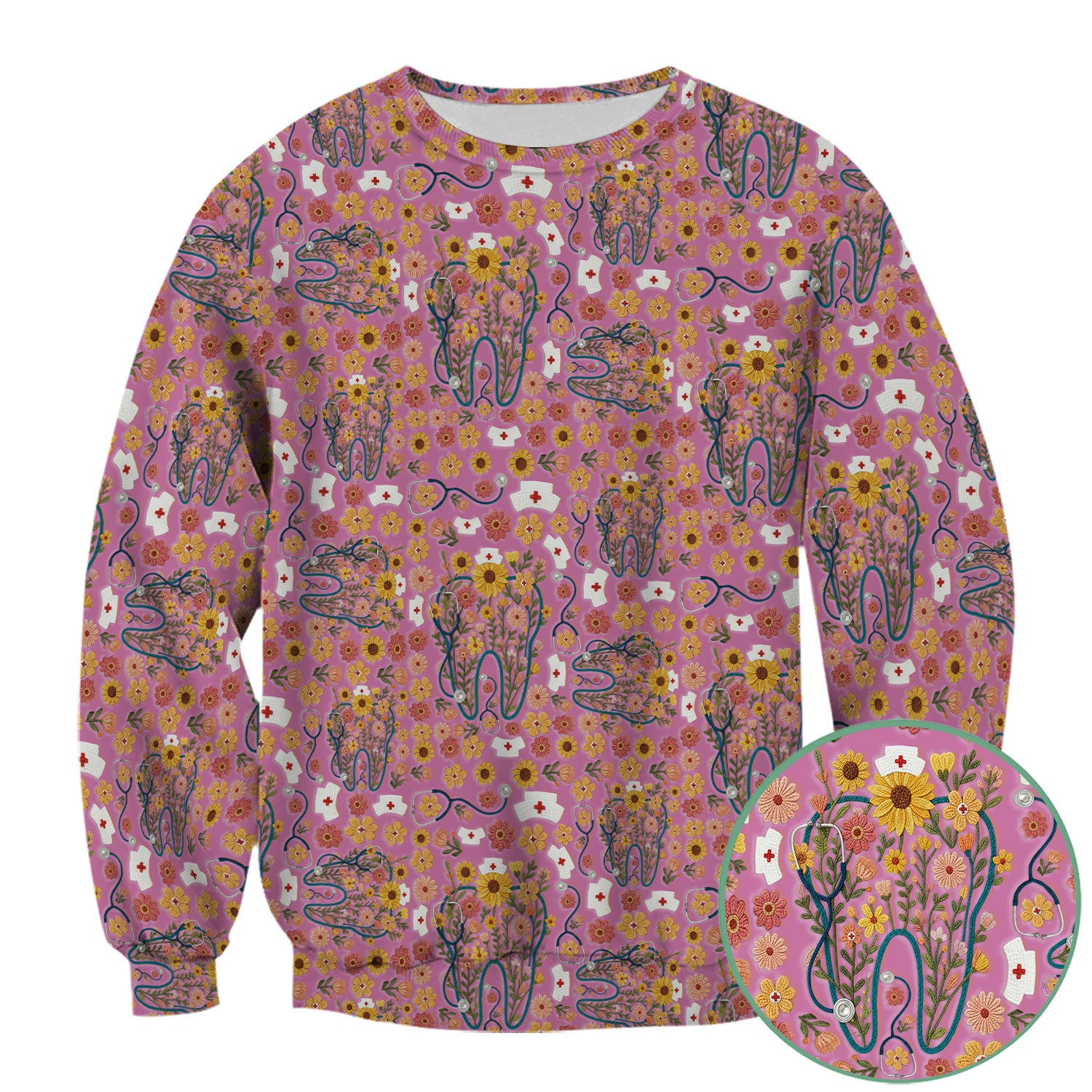Boho Floral Tooth Scrub Top - Aesthetic Dental Scrubs for Women - Cute Flower Tooth Pattern Medical Uniform - Hygienist Christmas Gift