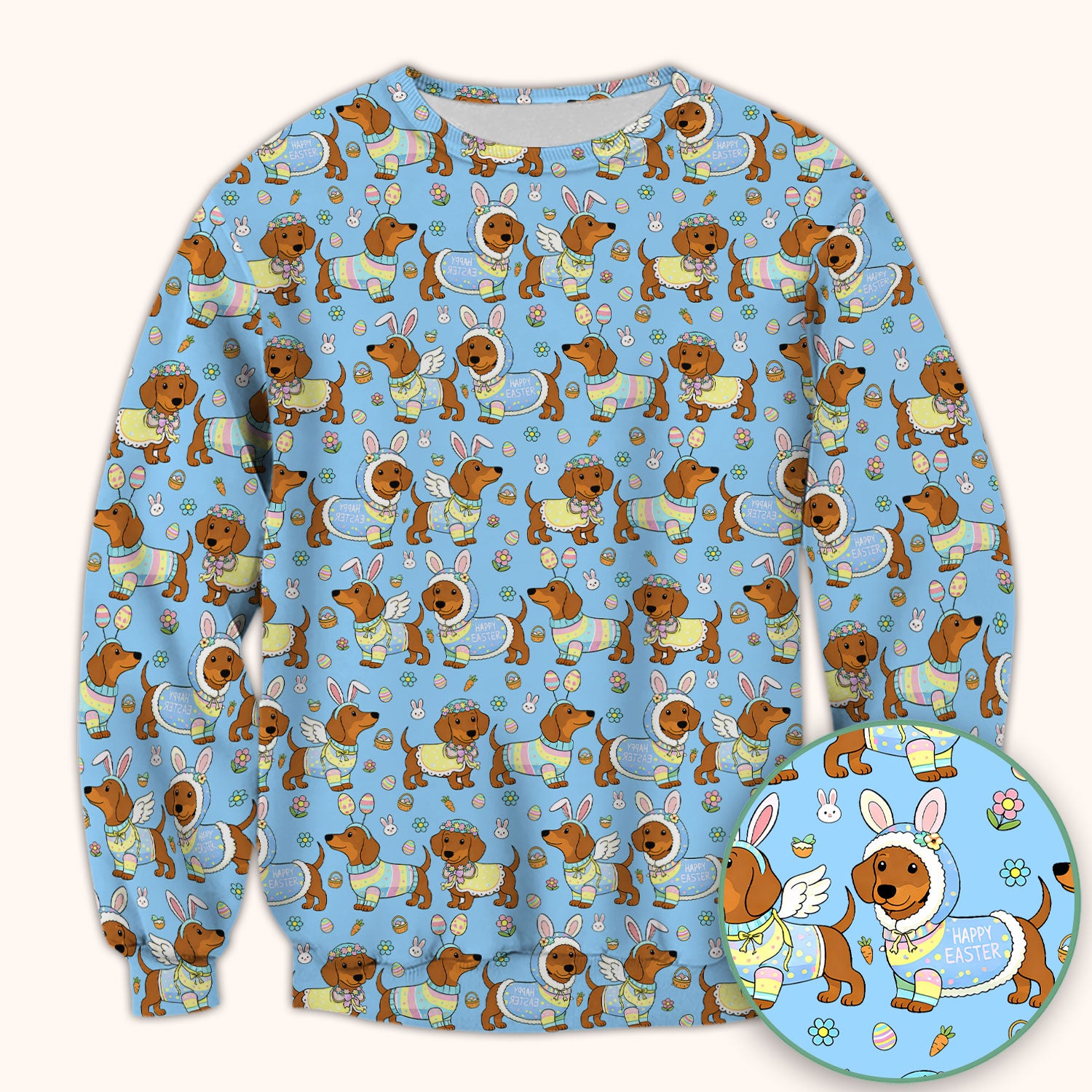 Easter Dachshund Bunny Print Scrub Top, Breathable Fabrics Nursing Uniform