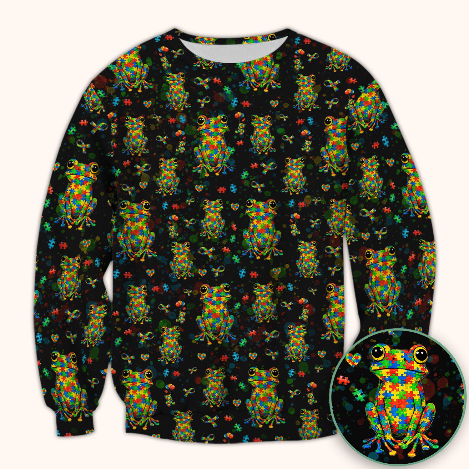 Colorful Autism Puzzle Frog Pattern Scrubs Top, Comfortable Scrubs for Nurses
