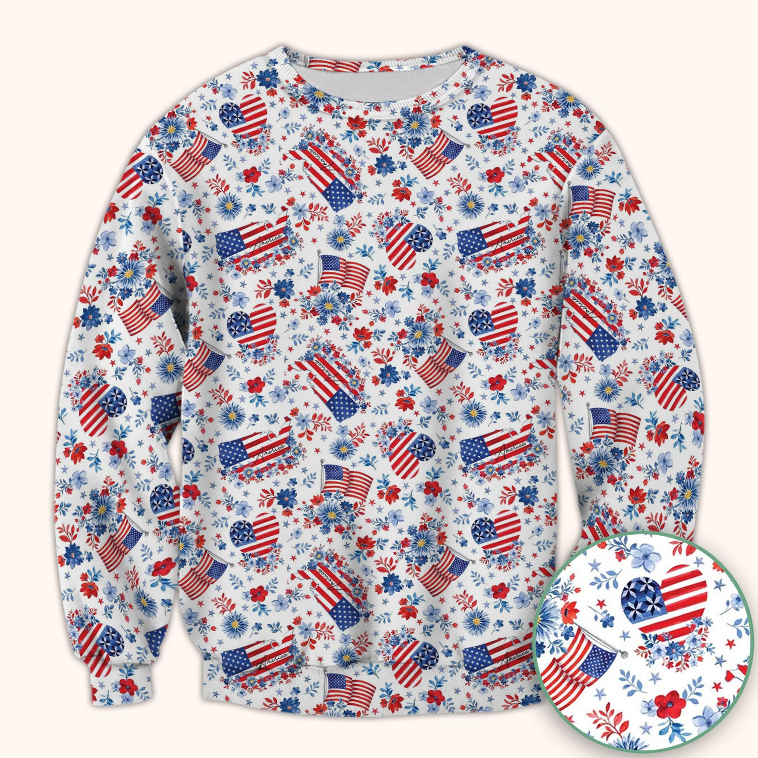Festive American Flag Heart Floral Pattern Scrub Top, Comfortable Scrubs for Nurses