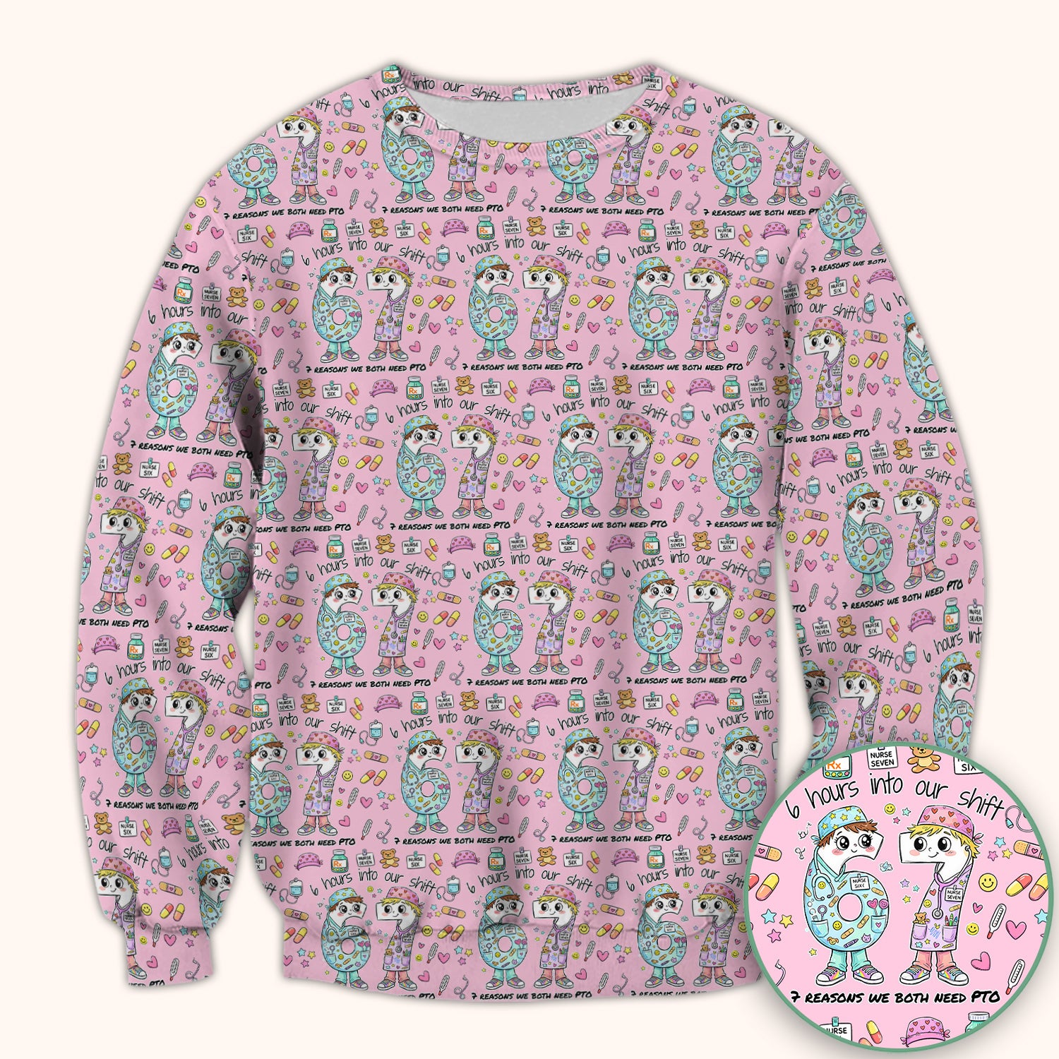 Cartoon Characters Six Hours Into Shift With Medical Doodle Scrub Top, Breathable Fabrics Nursing Uniform