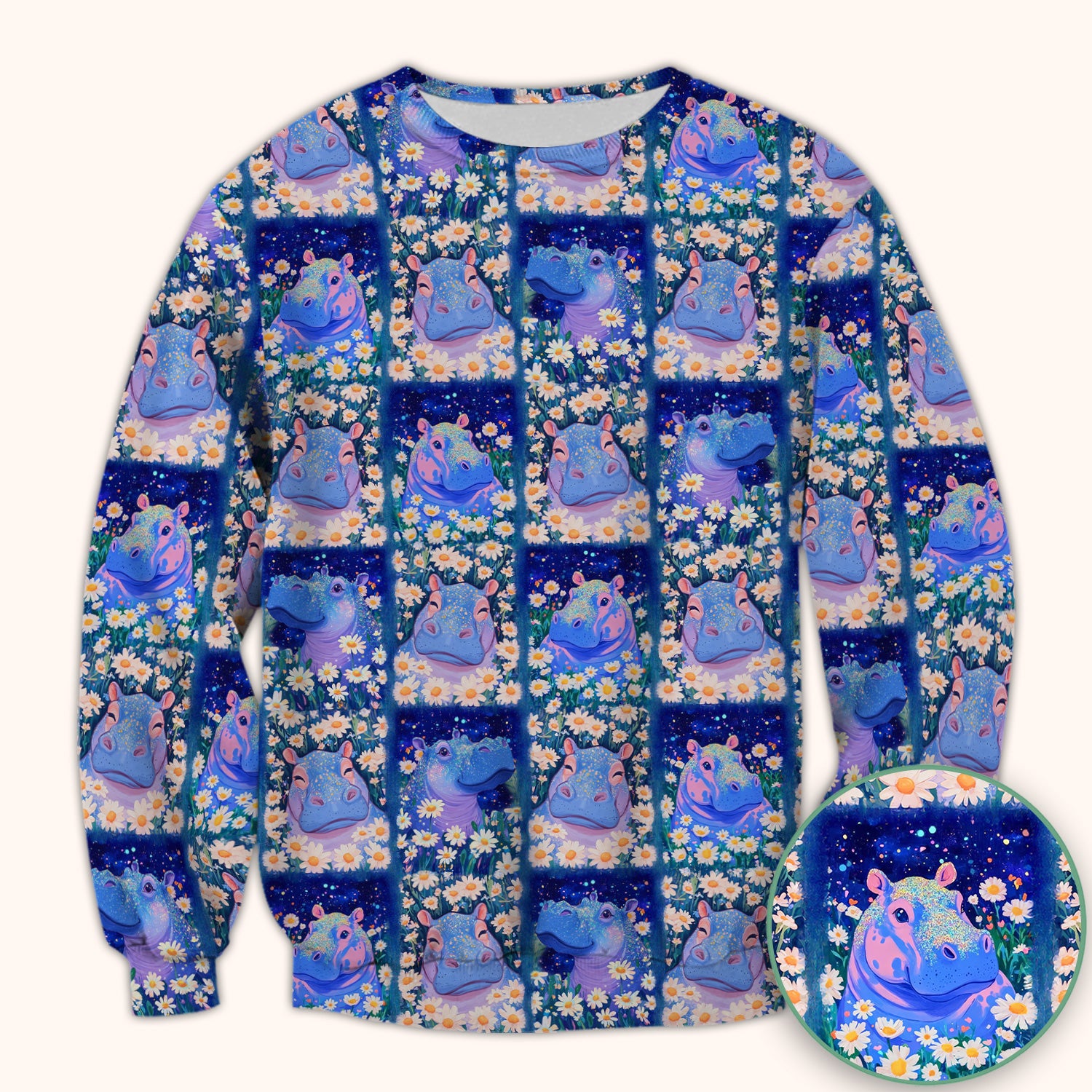 Cute Hippo Daisy Floral Patchwork Scrub Top, Breathable Fabrics Nursing Uniform