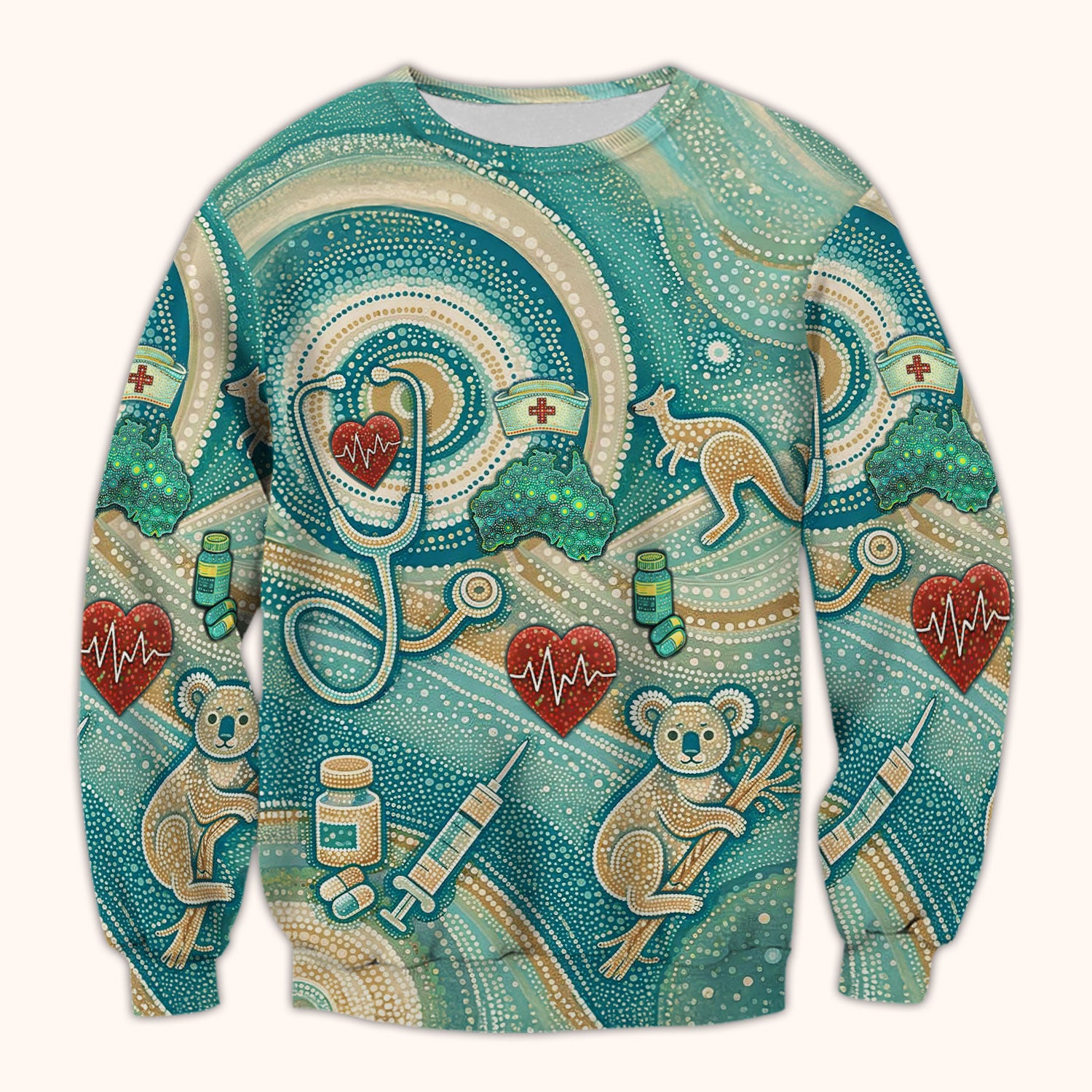 Australian Wildlife Dot Art Inspired Medical Scrub Top - Aussie Women V-Neck Shirt