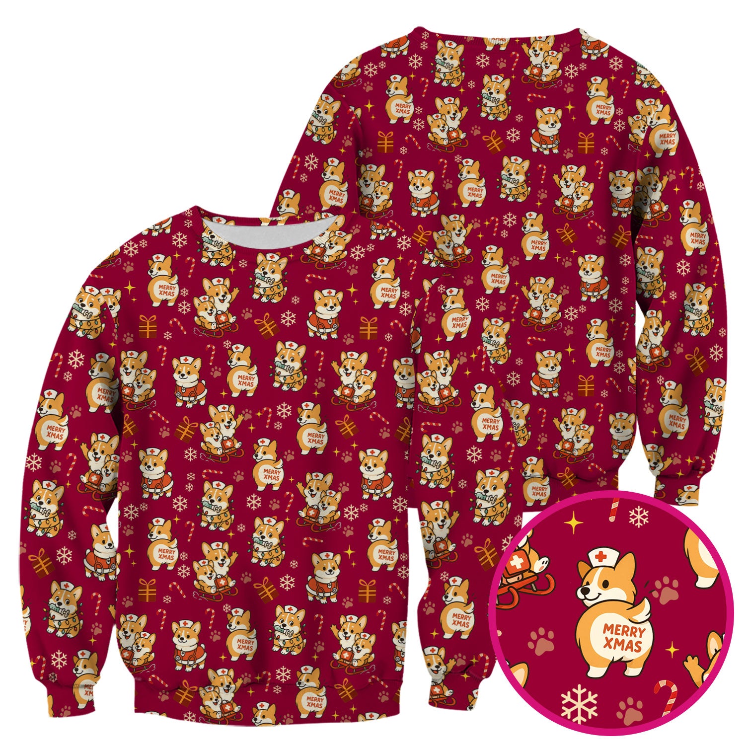 Cute Corgi Dog Scrubs for Christmas - Festive Puppy Pattern Medical Scrub Top - Holiday Christmas Scrubs with Charming Corgi Print