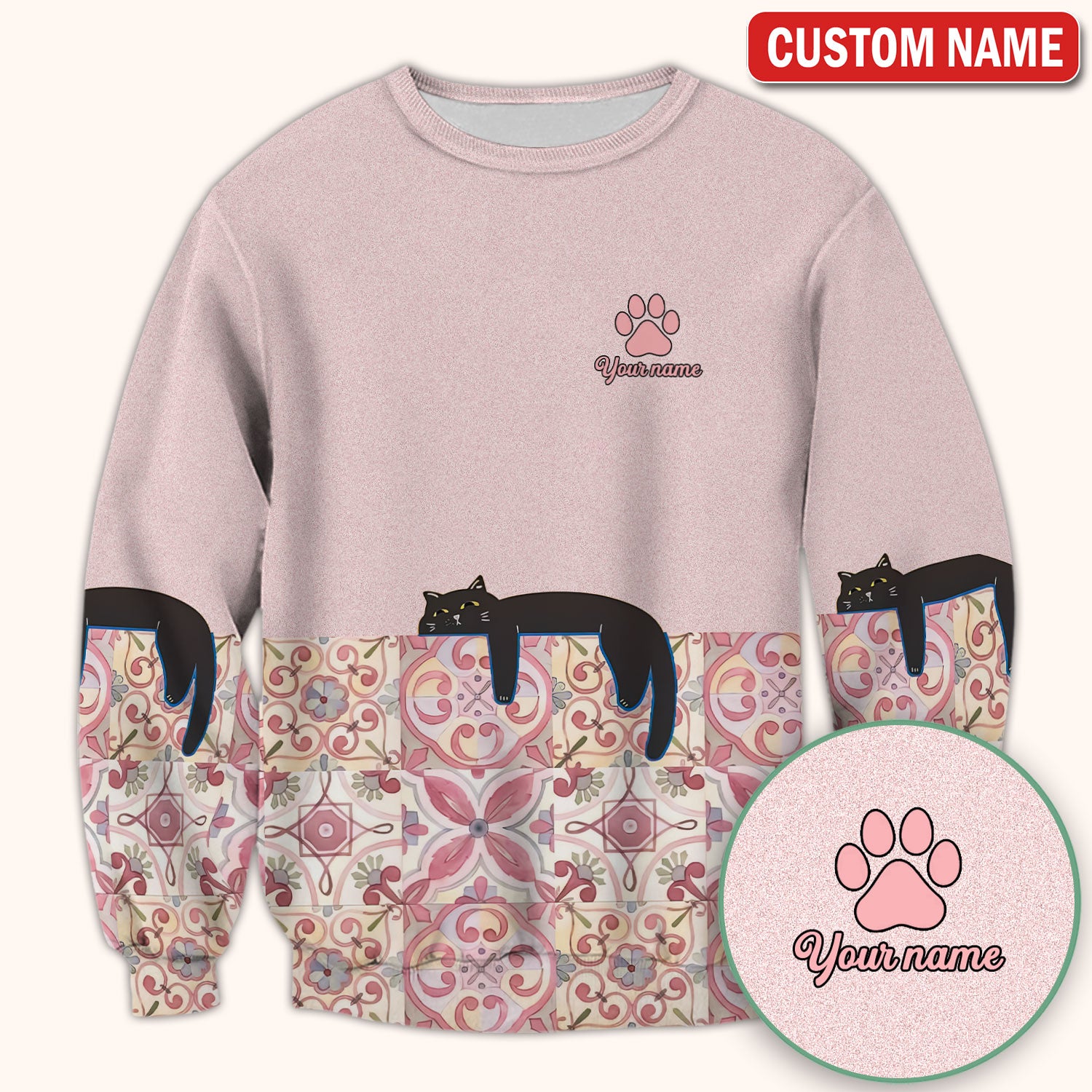 Custom Name Pink Floral Nurse Shirt, Personalized Black Cat Scrub Top For Women, Breathable Fabrics Nursing Uniform
