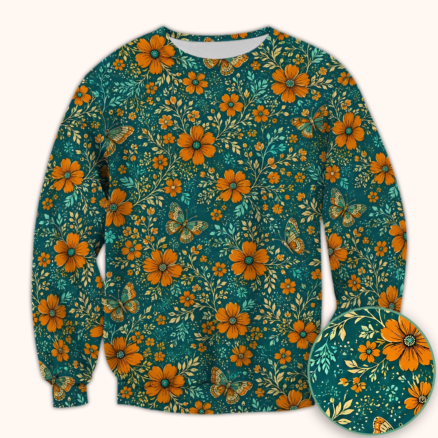 Orange Floral Butterfly Vine Pattern Scrub Top, Comfortable Scrubs for Nurses