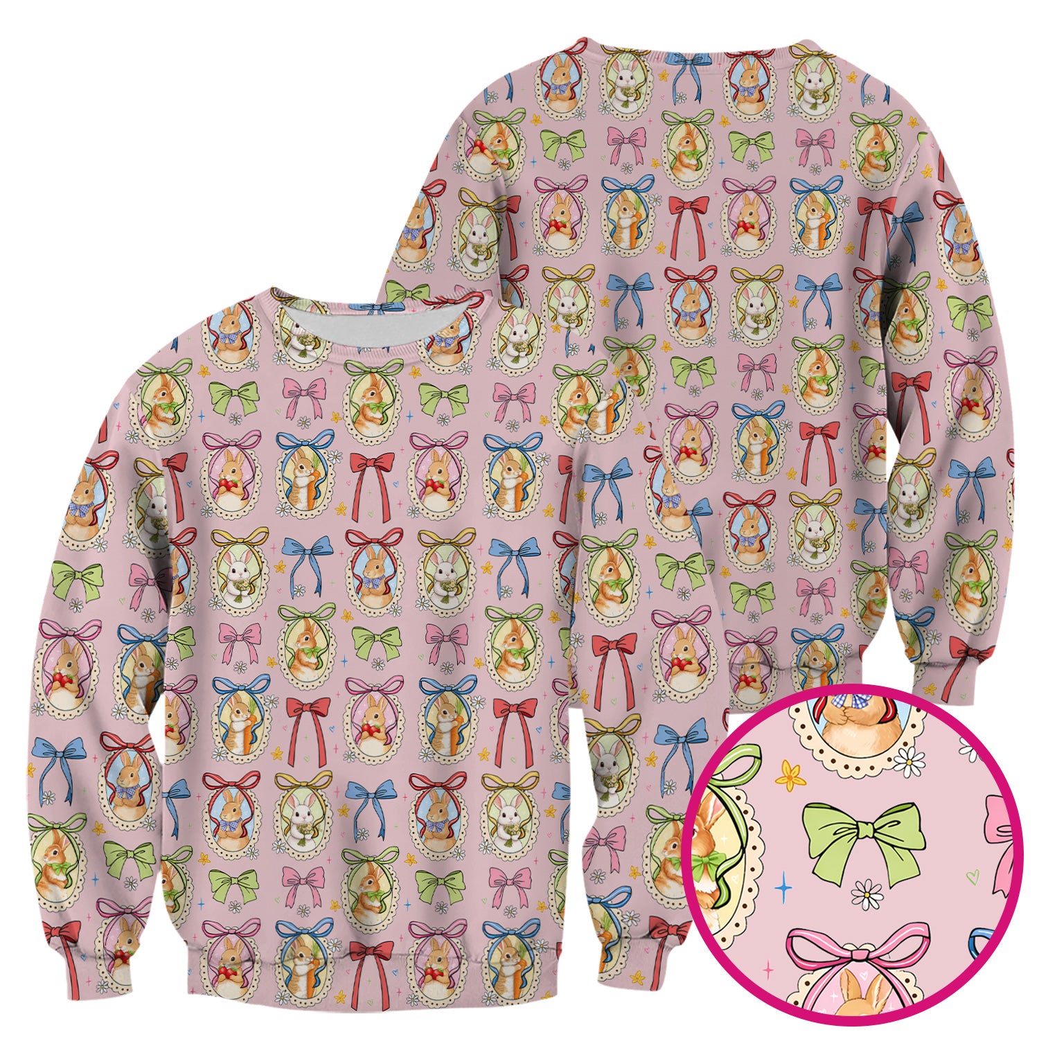 Cute Easter Bunny Cameo Colorful Bow Pattern Scrub Top, Breathable Fabrics Nursing Uniform