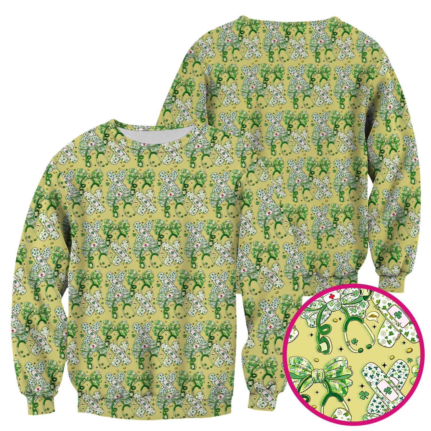 St Patrick Shamrock Stethoscope Bow Print Scrub Top, Breathable Fabrics Nursing Uniform