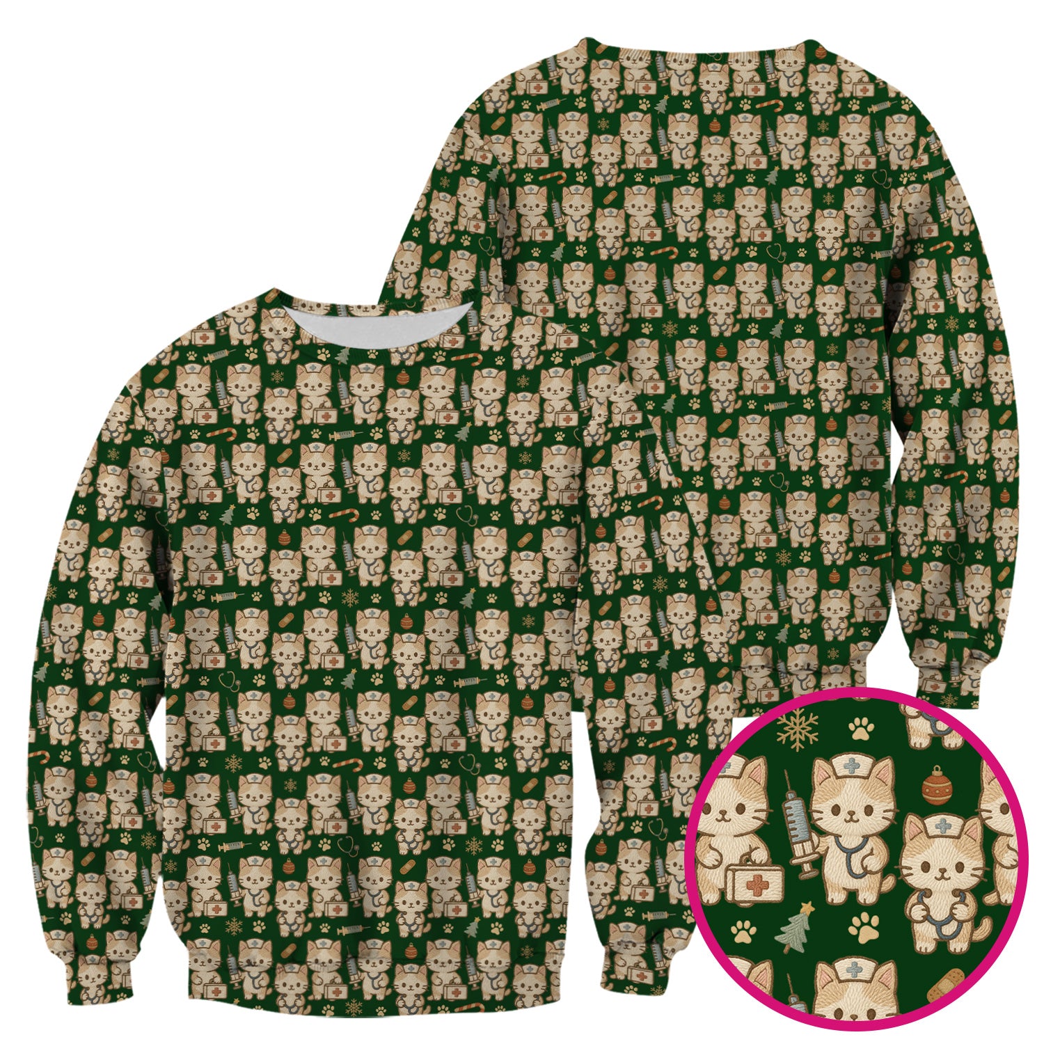Cute Cat Nurse Christmas Scrub Top, Kawaii Kitty Medical Pattern Shirt, Breathable Fabrics Nursing Uniform