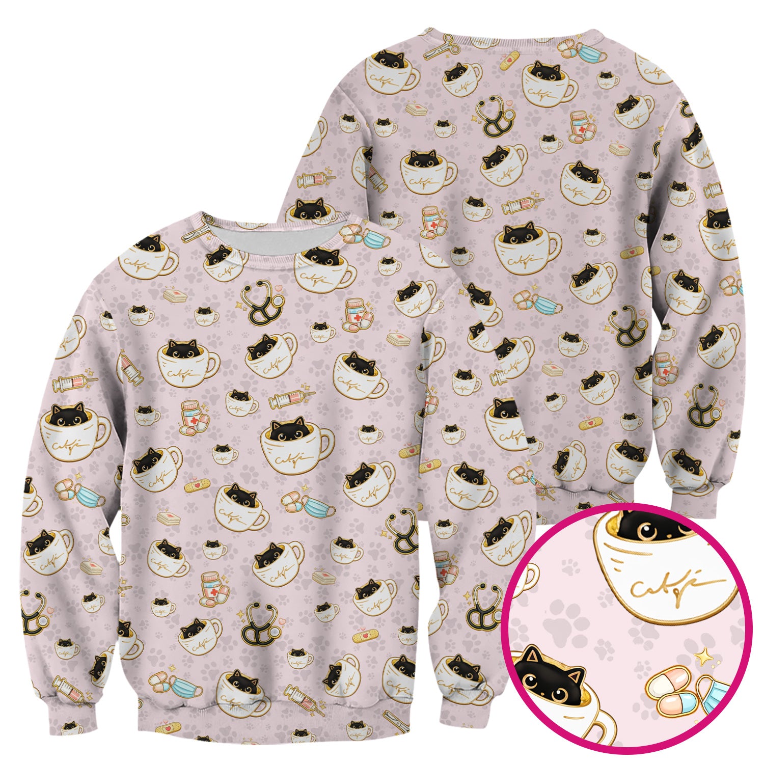 Cute Coffee Cat Medical Print Scrub Top, Breathable Fabrics Nursing Uniform