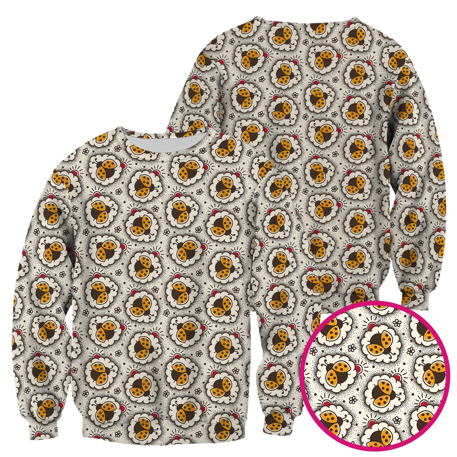 Cute Ladybug in Floral Frame Pattern Scrub Top, Breathable Fabrics Nursing Uniform