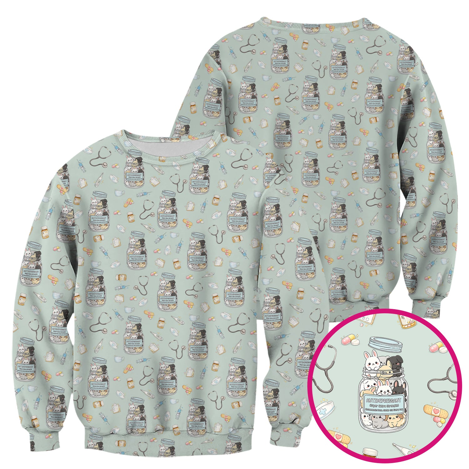 Whimsical Antidepressant Rabbit Jar Design Nurse Scrub Top, Soft & Breathable Workwear