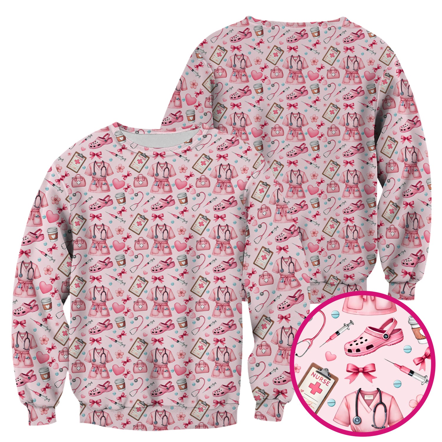 Valentine Pink Nurse Icons Print Scrub Top, Comfortable Scrubs for Nurses